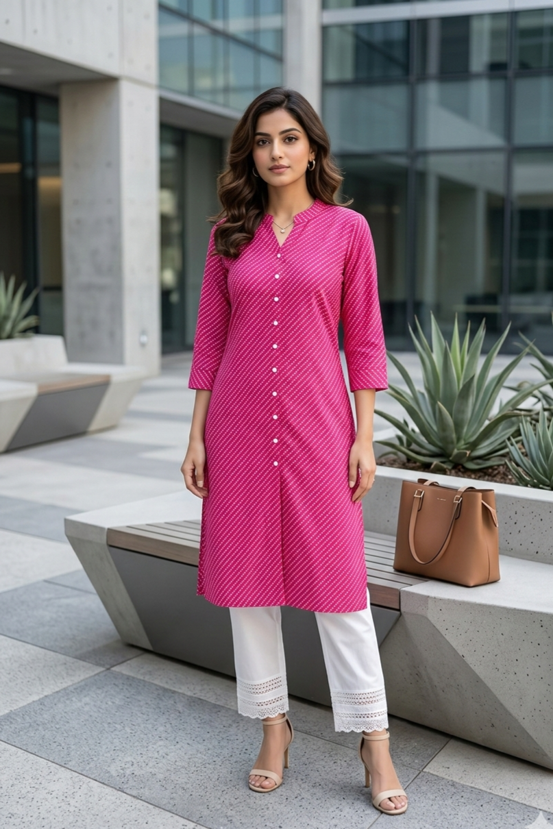 Magenta Pink Bandhani Print Straight Kurta