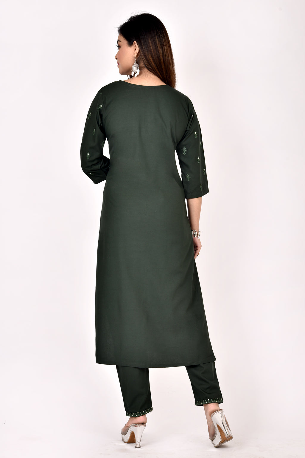 Dark Green Embroidered Kurta With Pant
