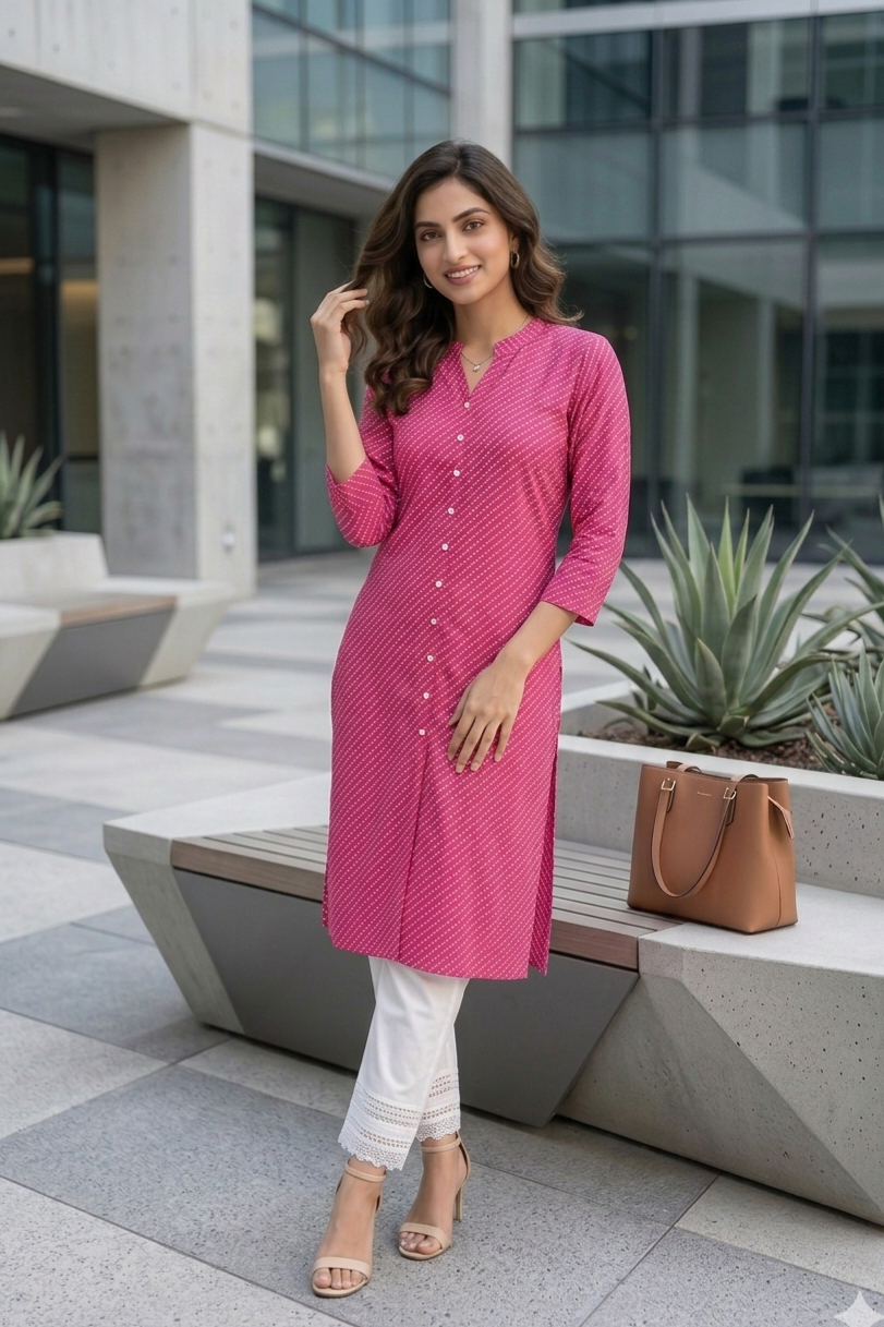 Magenta Pink Bandhani Print Straight Kurta