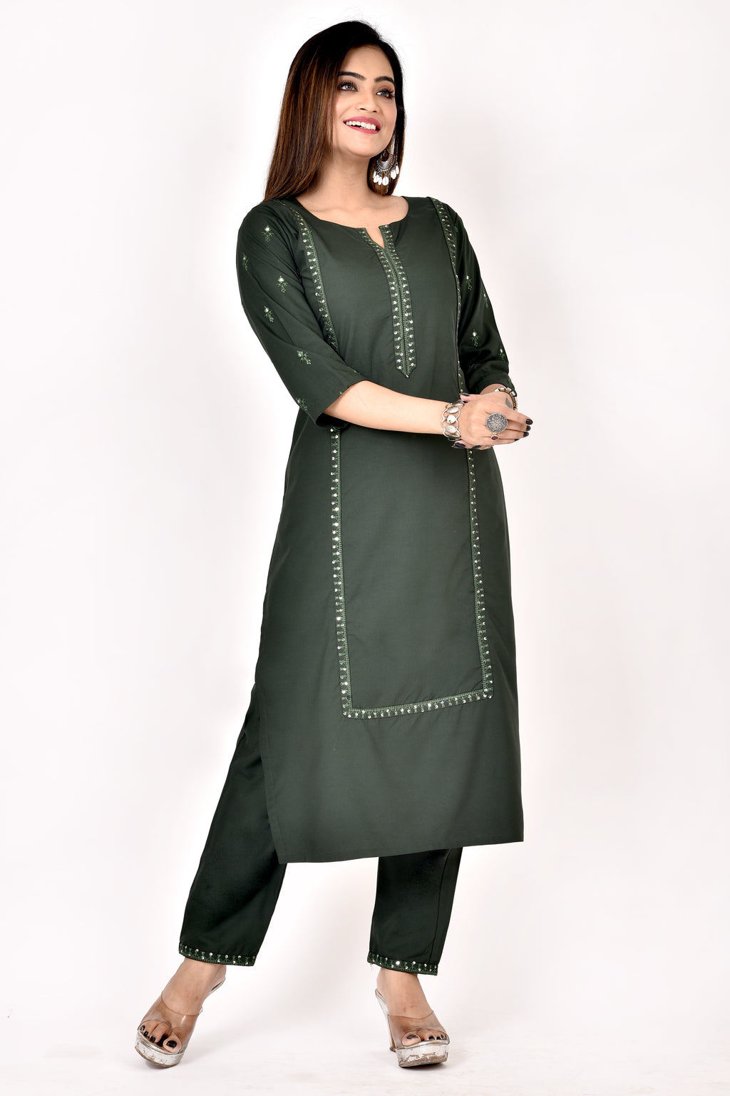 Dark Green Embroidered Kurta With Pant