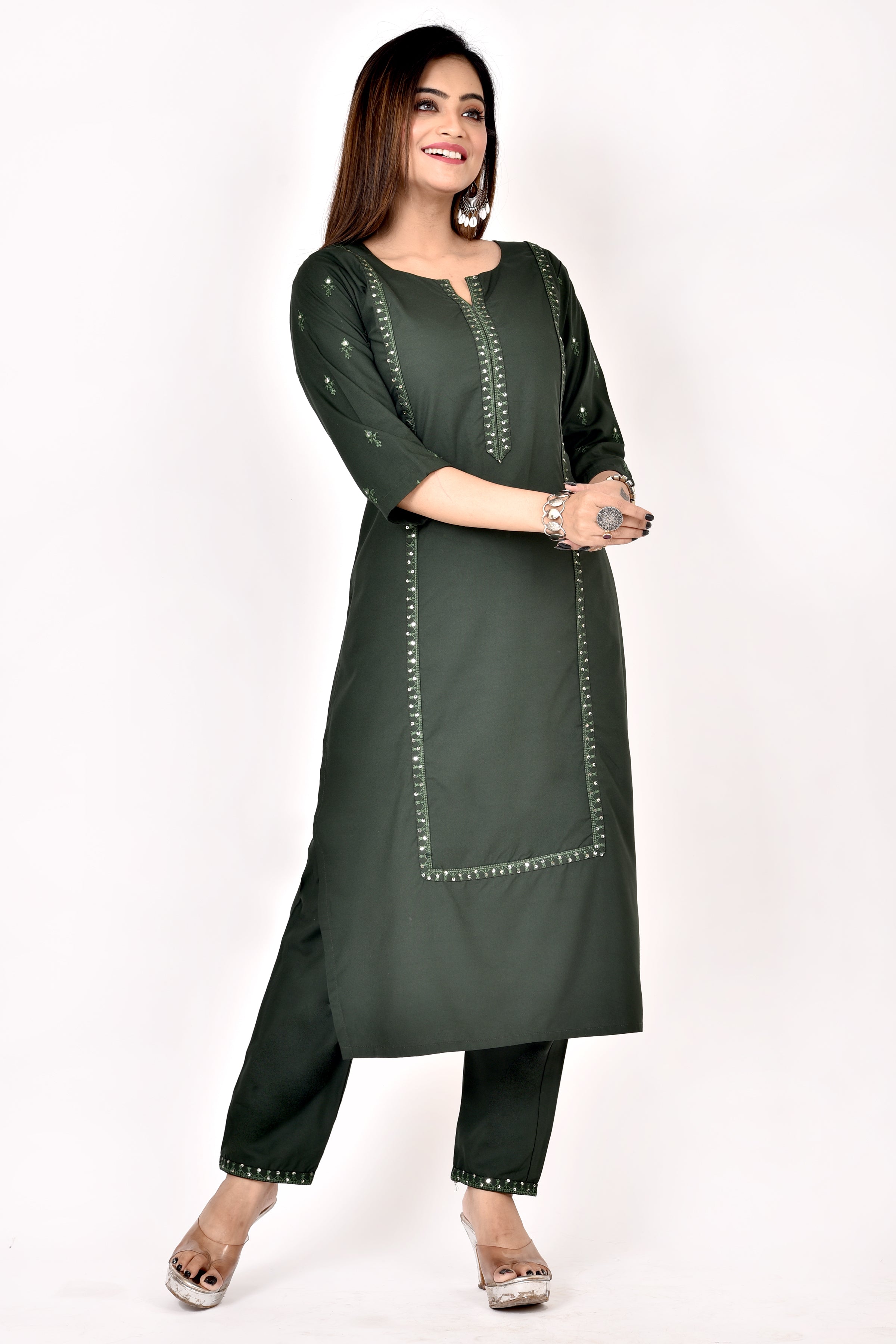 Dark Green Embroidered Kurta With Pant