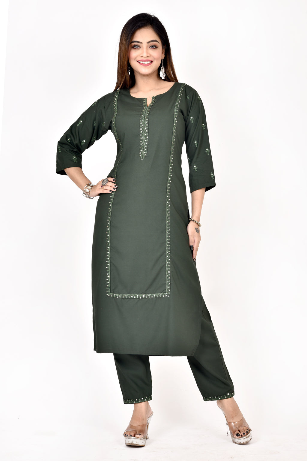 Dark Green Embroidered Kurta With Pant