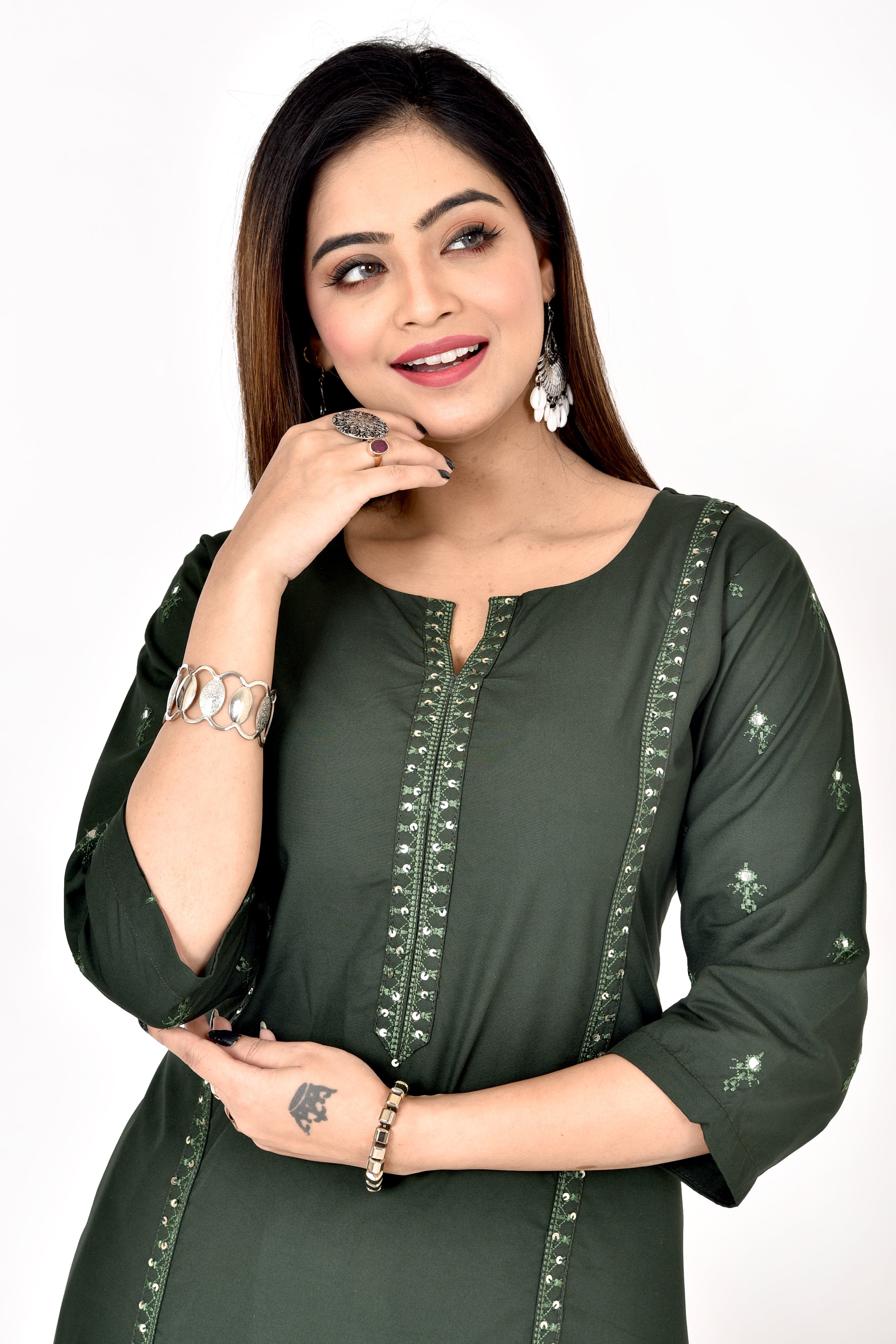 Dark Green Embroidered Kurta With Pant
