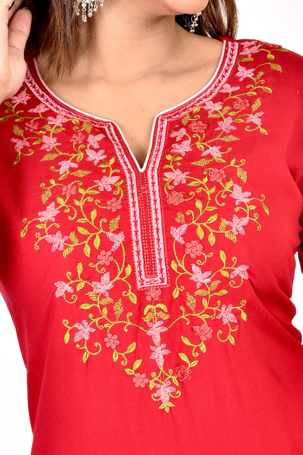 Red Floral Embroidered Kurta With Palazzo