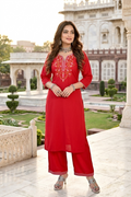 Red Floral Embroidered Kurta With Palazzo