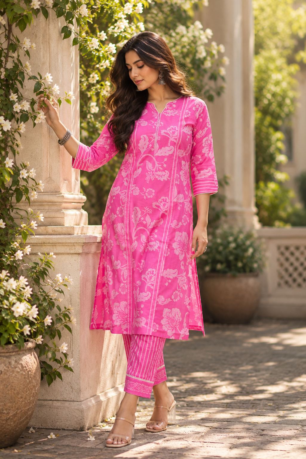 Pink Floral Print Kurta With Pant