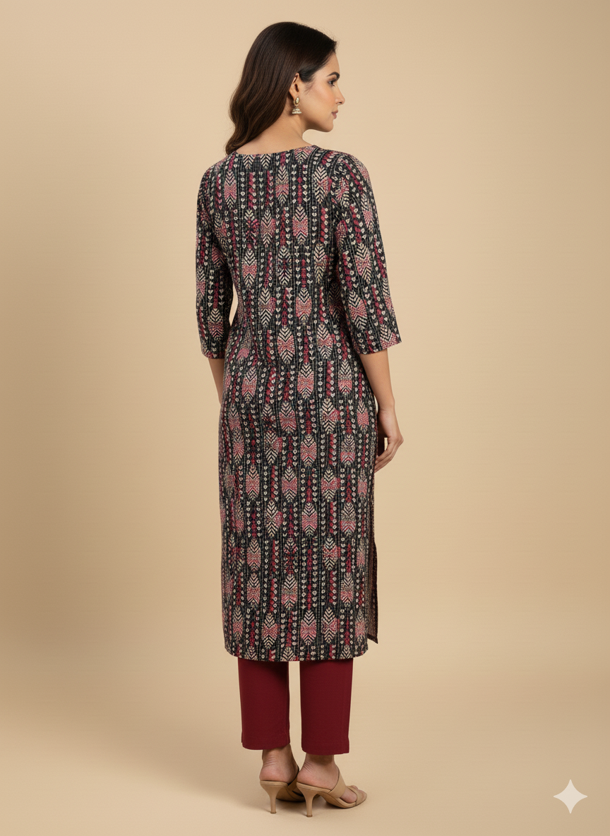 Black Geometric Print Threadwork Straight Kurta