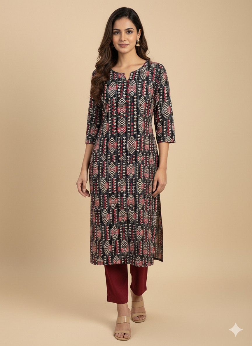 Black Geometric Print Threadwork Straight Kurta