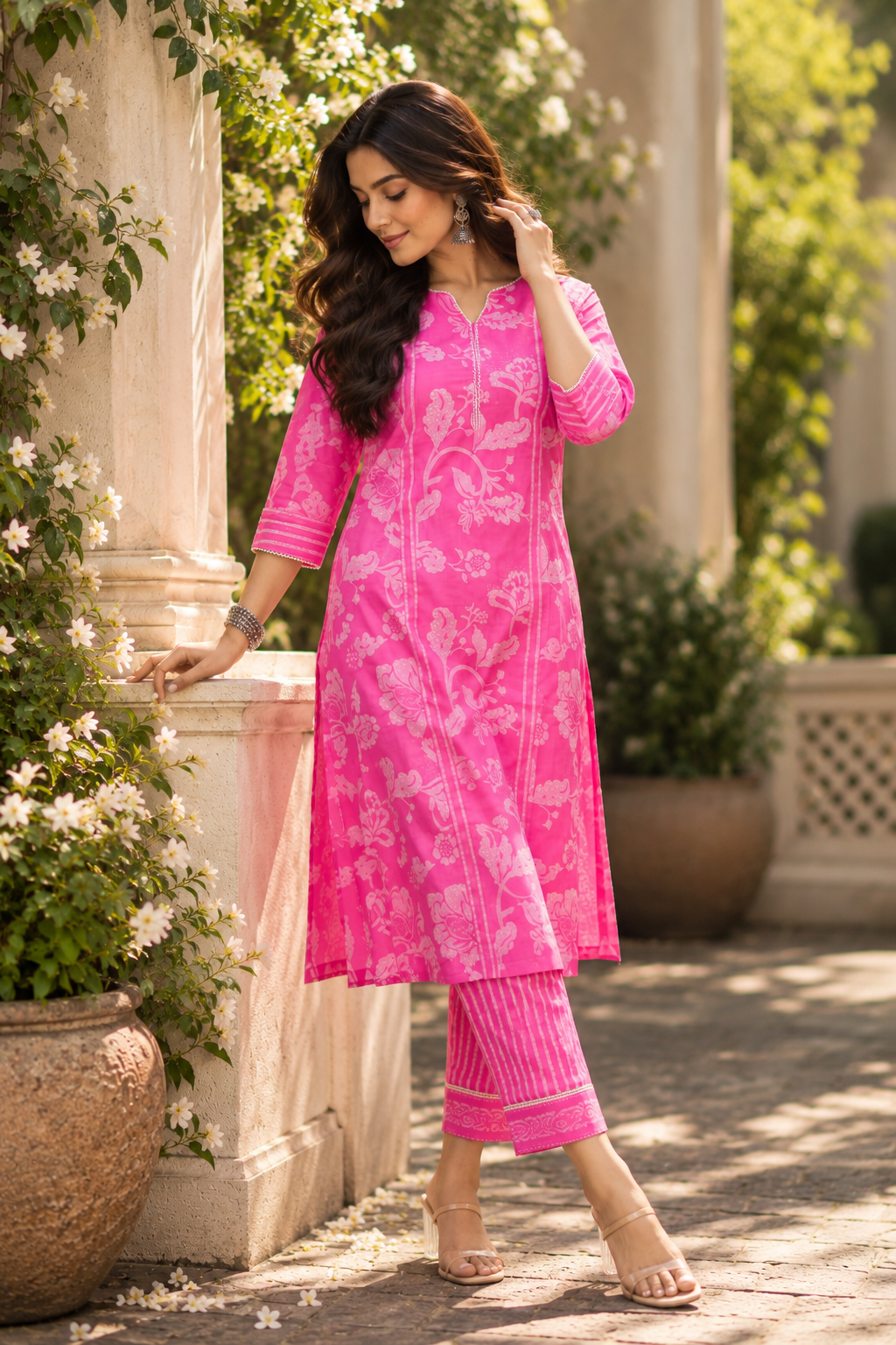 Pink Floral Print Kurta With Pant