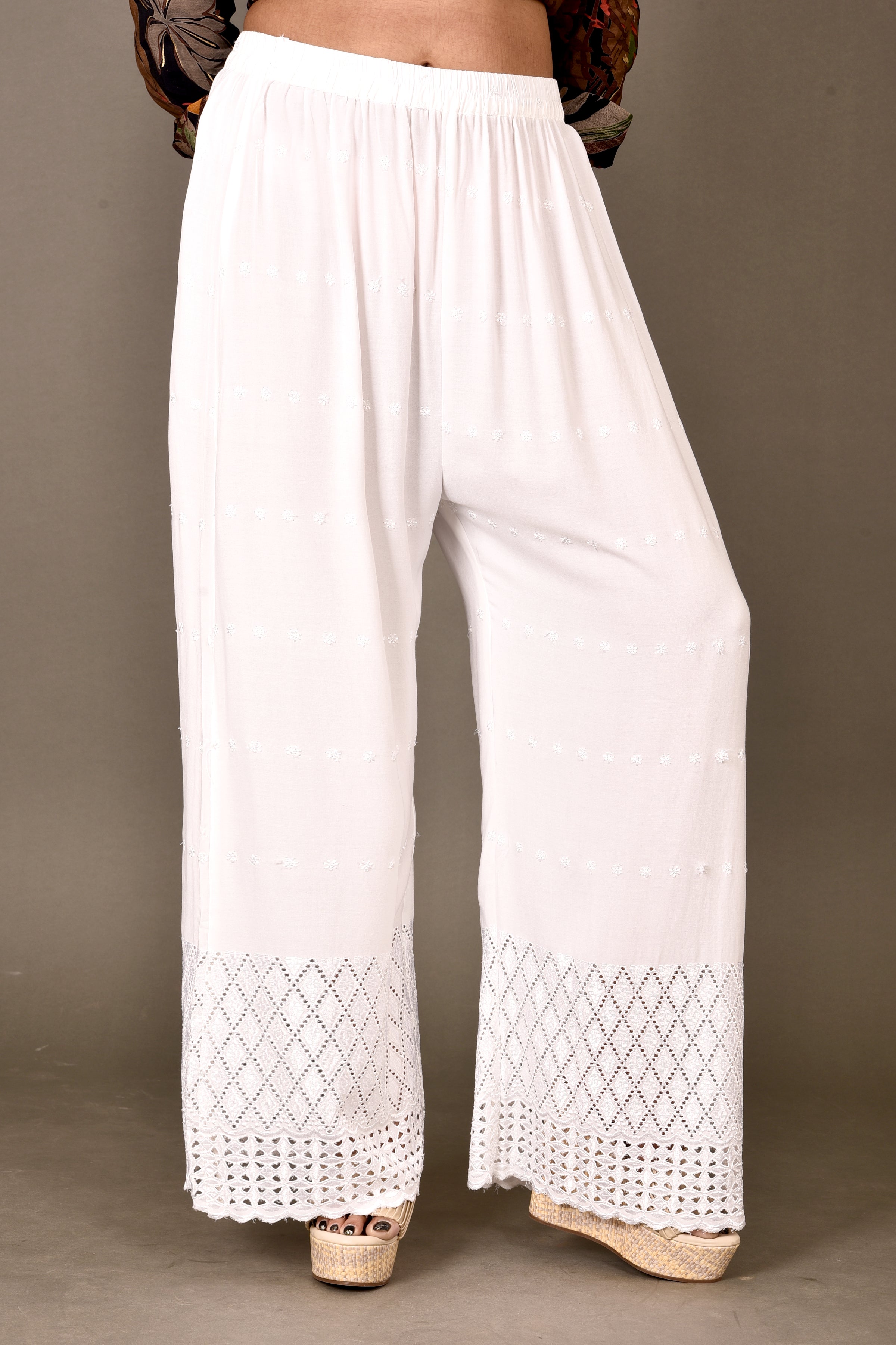 White Schiffli Embroidered Palazzo