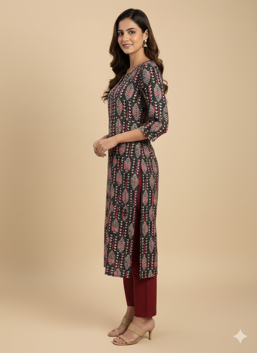 Black Geometric Print Threadwork Straight Kurta