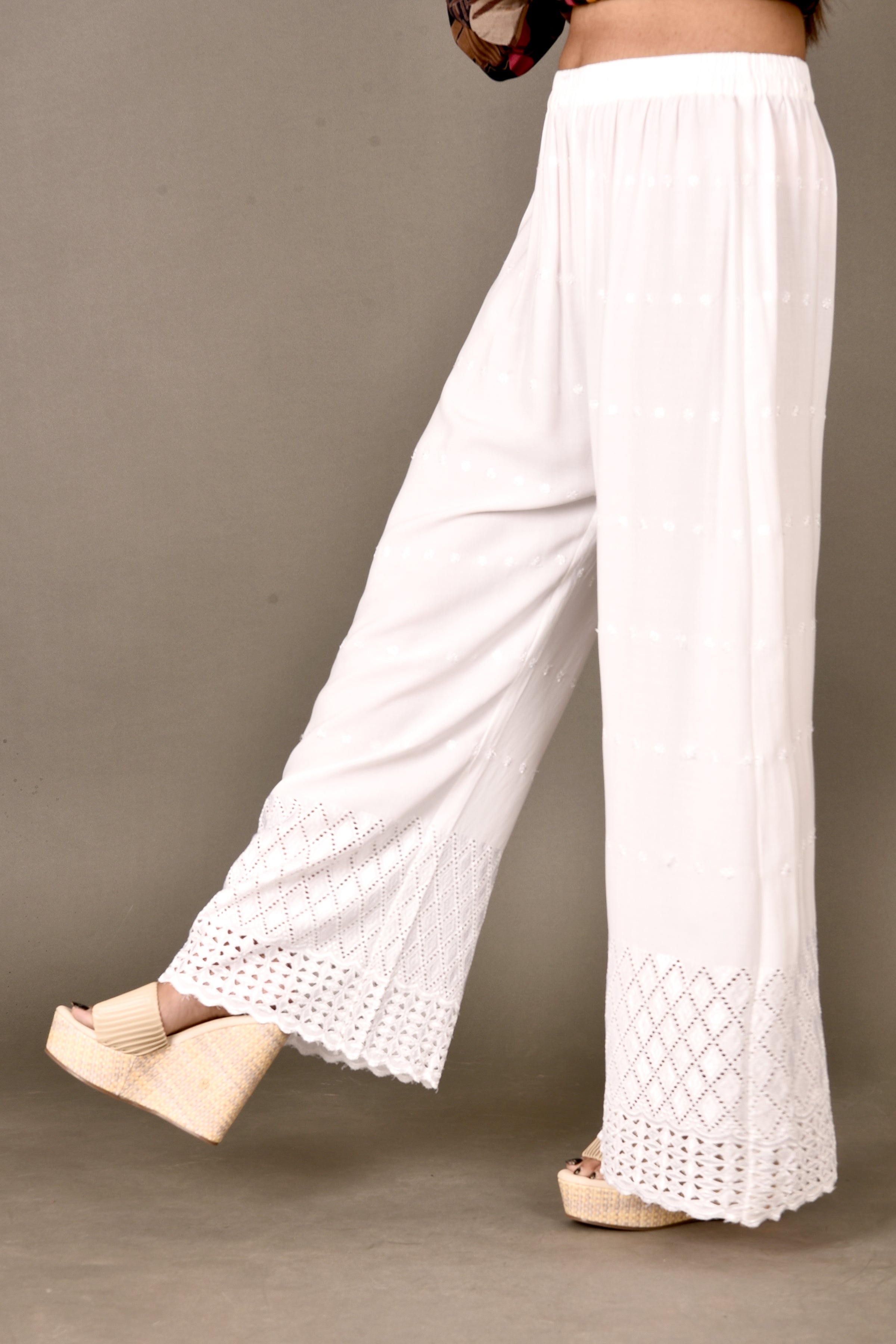 White Schiffli Embroidered Palazzo