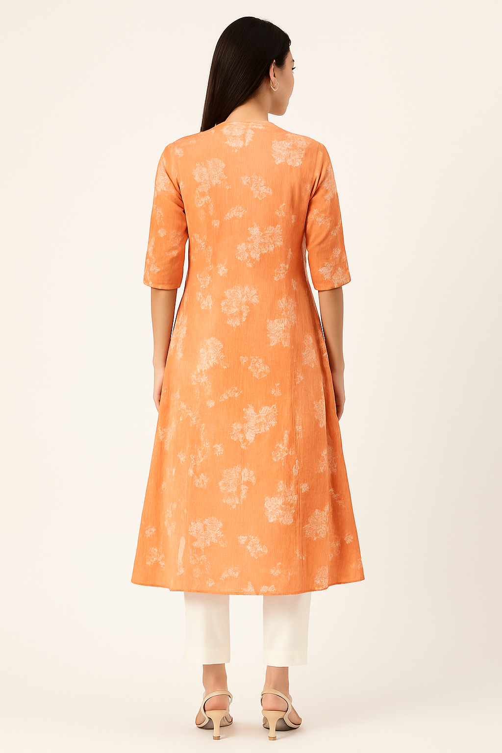 Orange Floral Print A-Line Kurta
