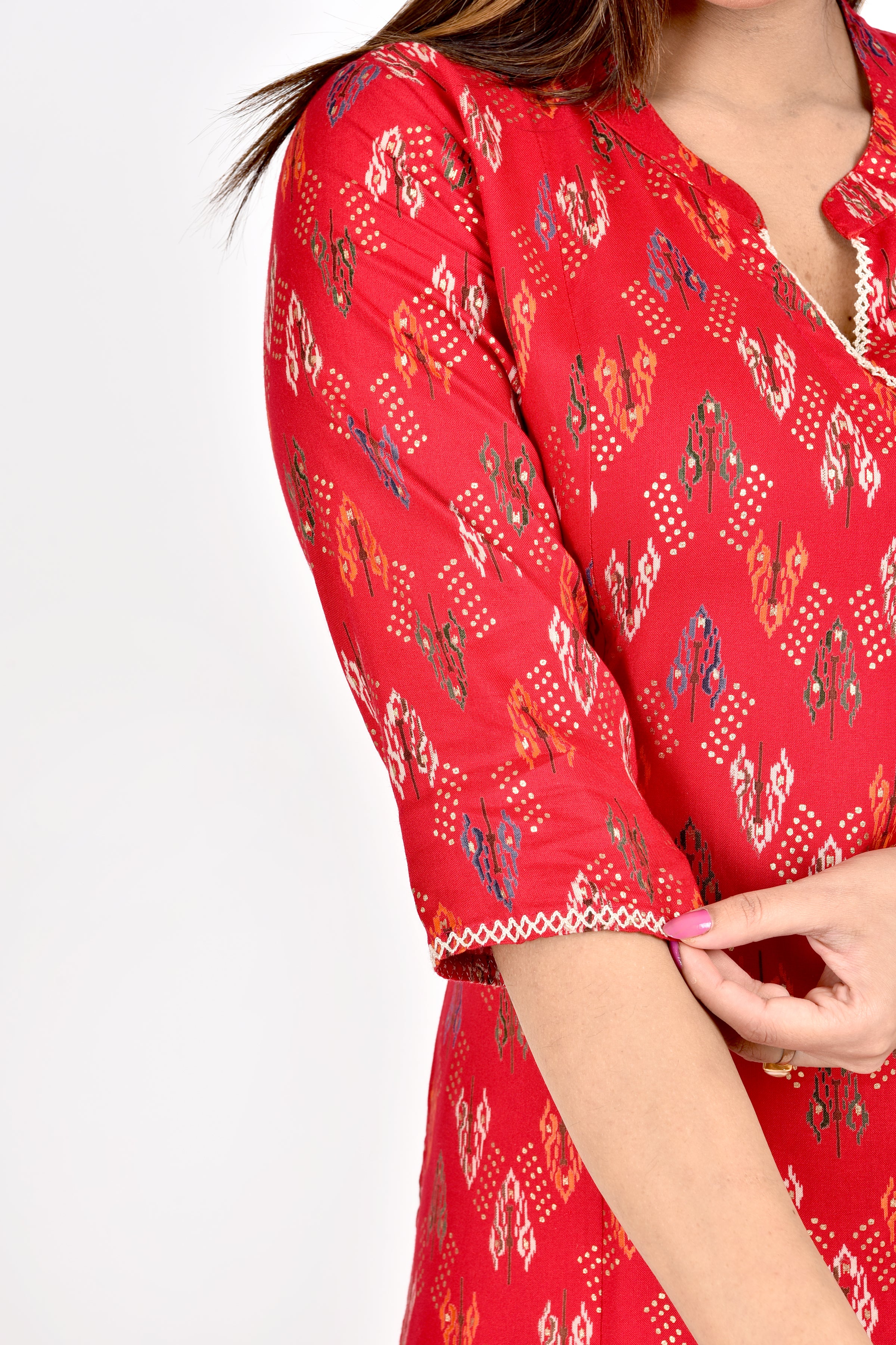 Red Geometric Print Angrakha  Kurta With Pant