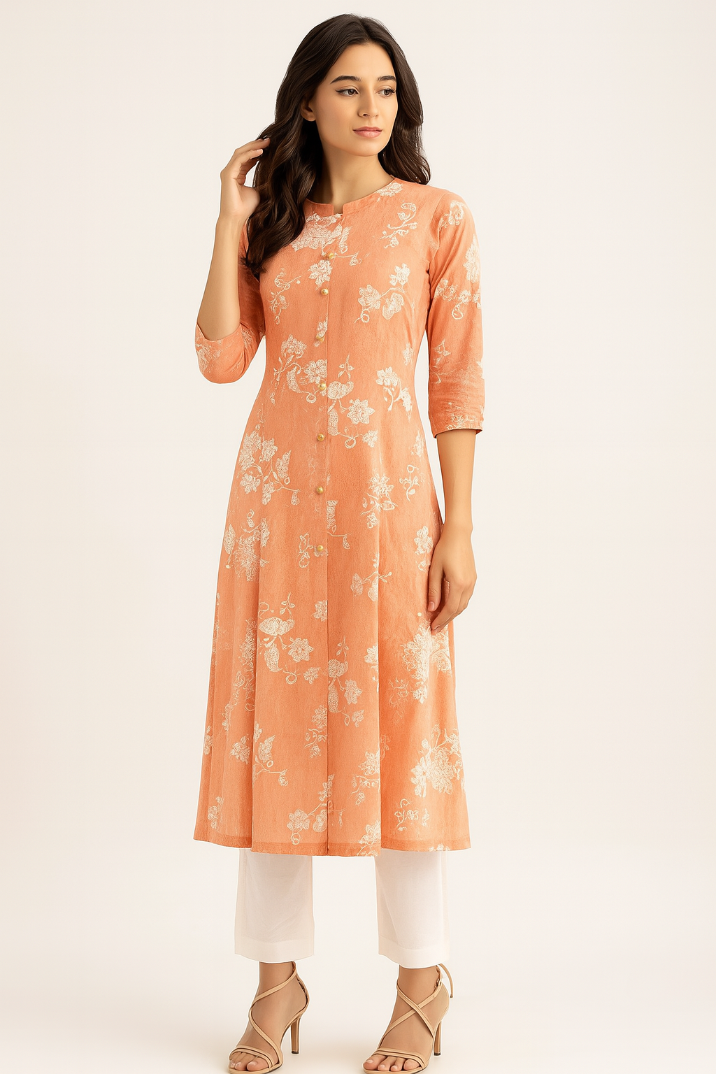 Orange Floral Print A-Line Kurta