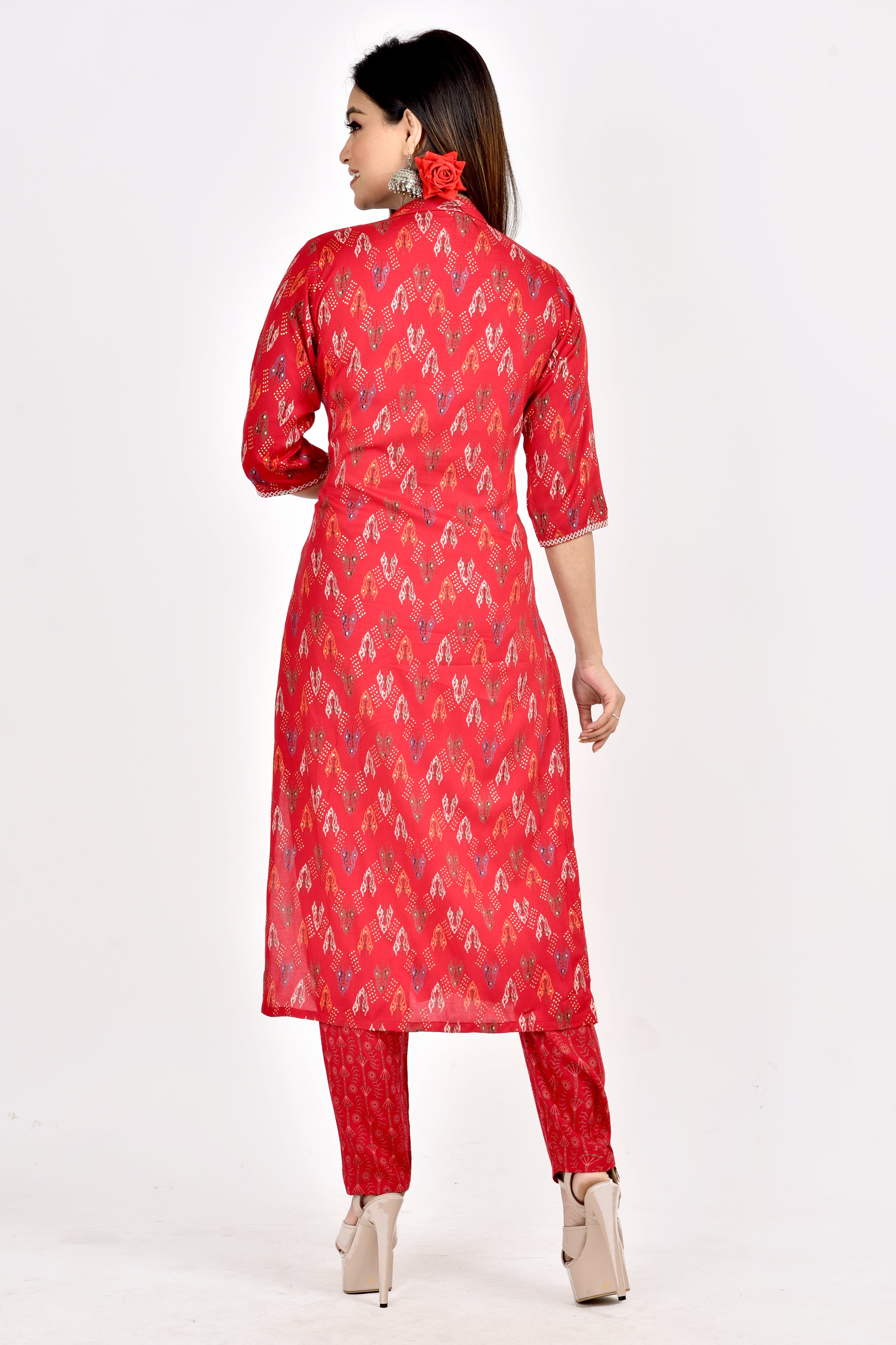 Red Geometric Print Angrakha  Kurta With Pant