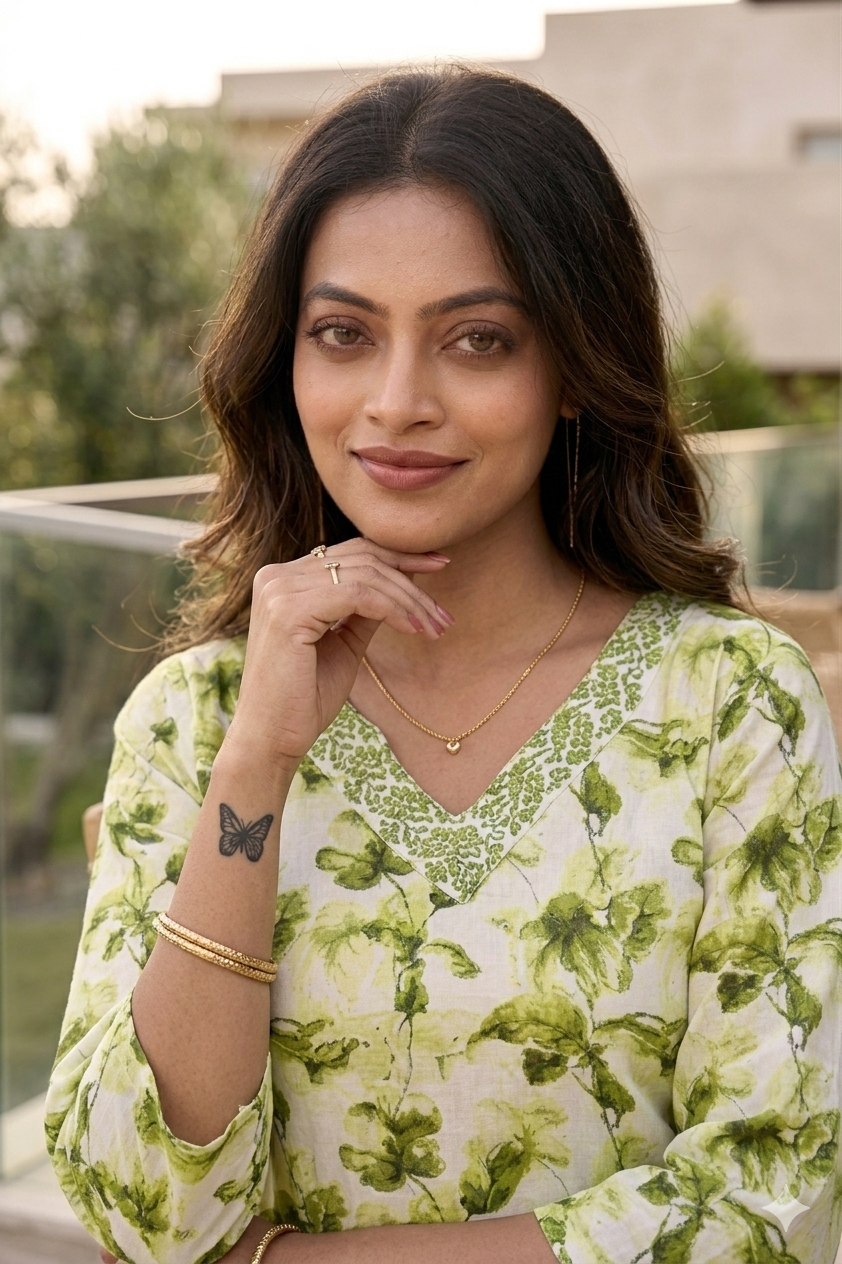 Green Leaf Print Kurta With Pant