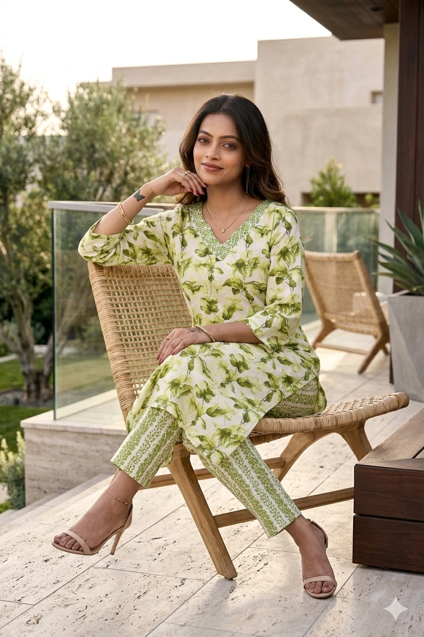 Green Leaf Print Kurta With Pant