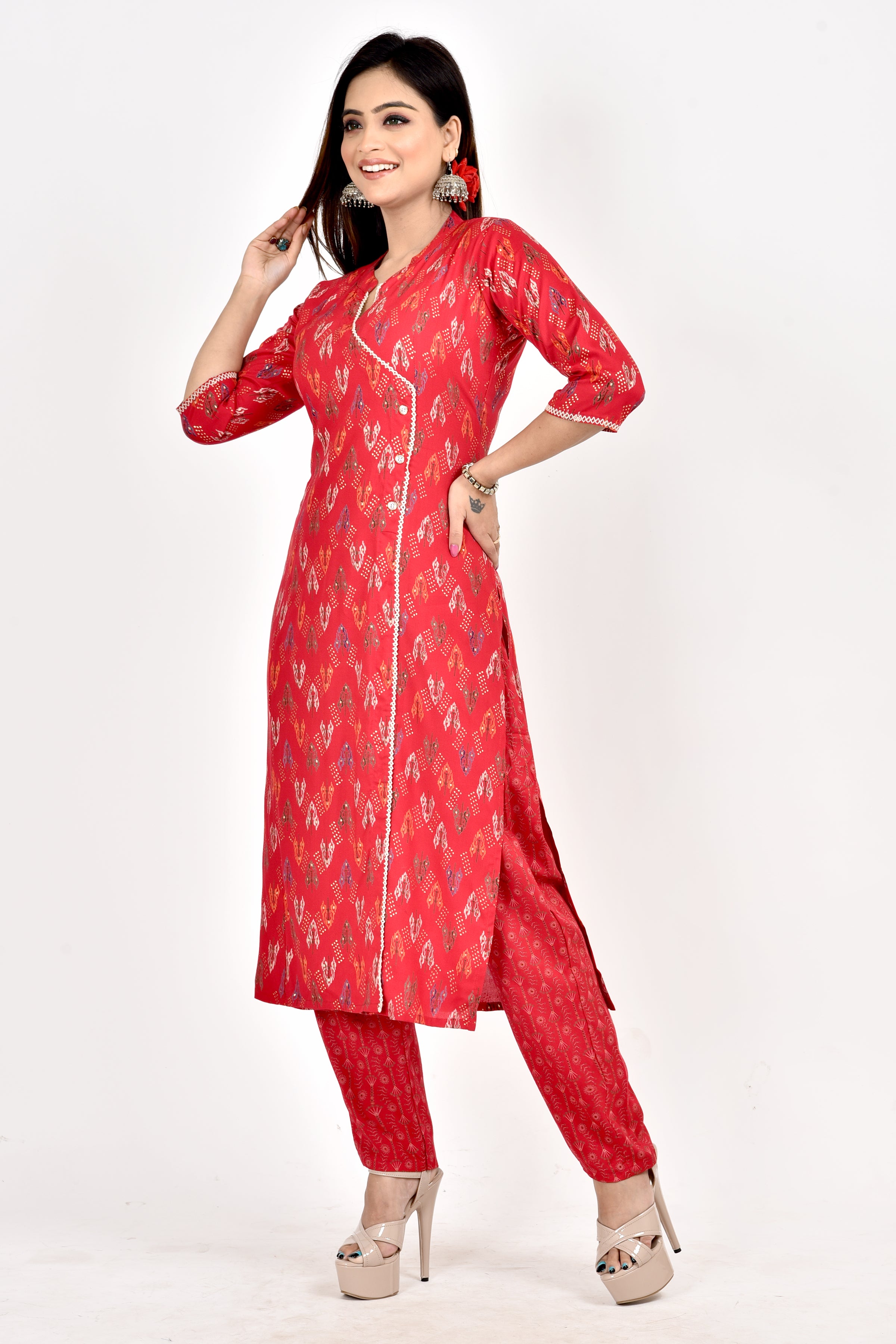 Red Geometric Print Angrakha  Kurta With Pant