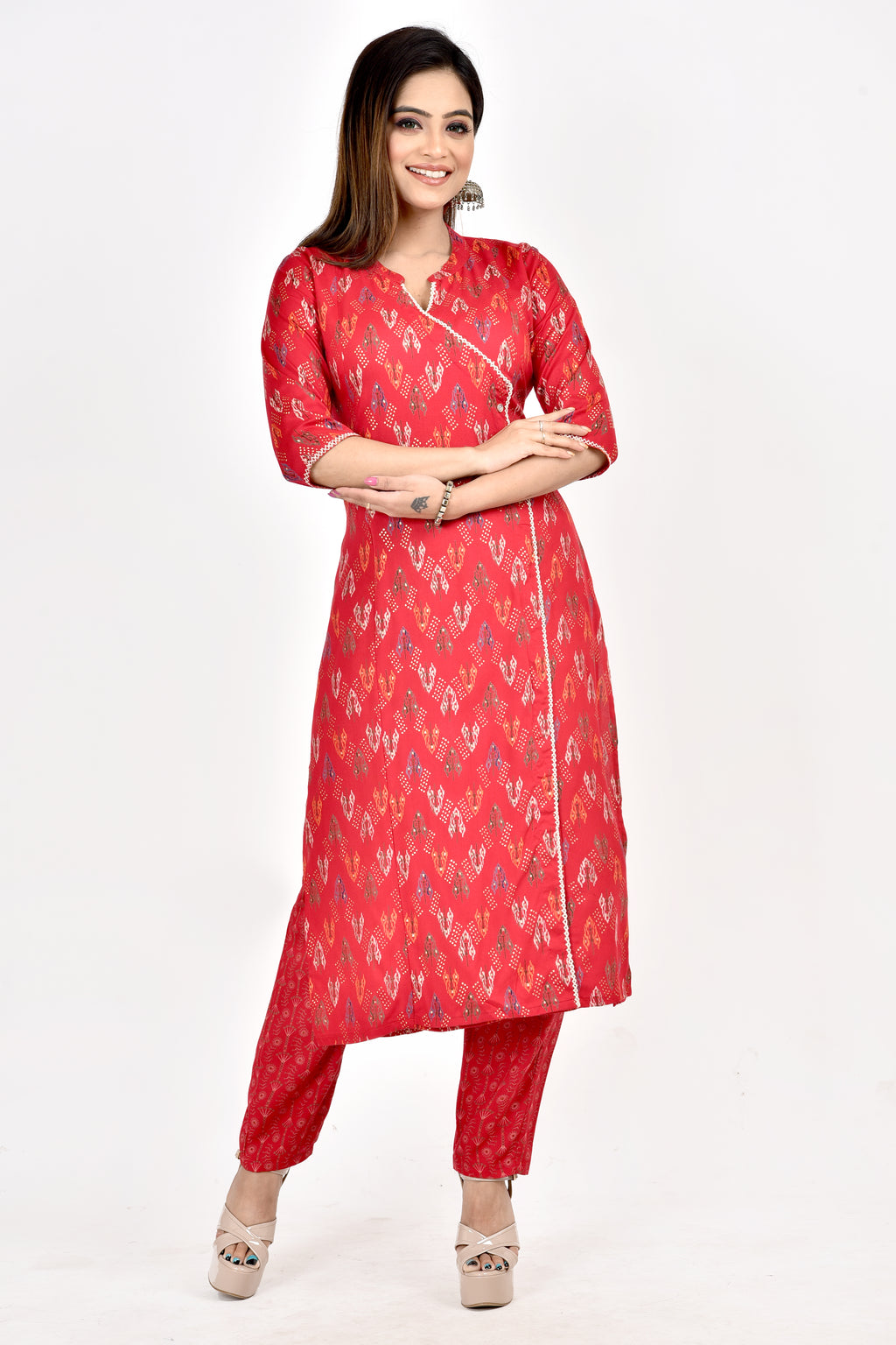 Red Geometric Print Angrakha  Kurta With Pant