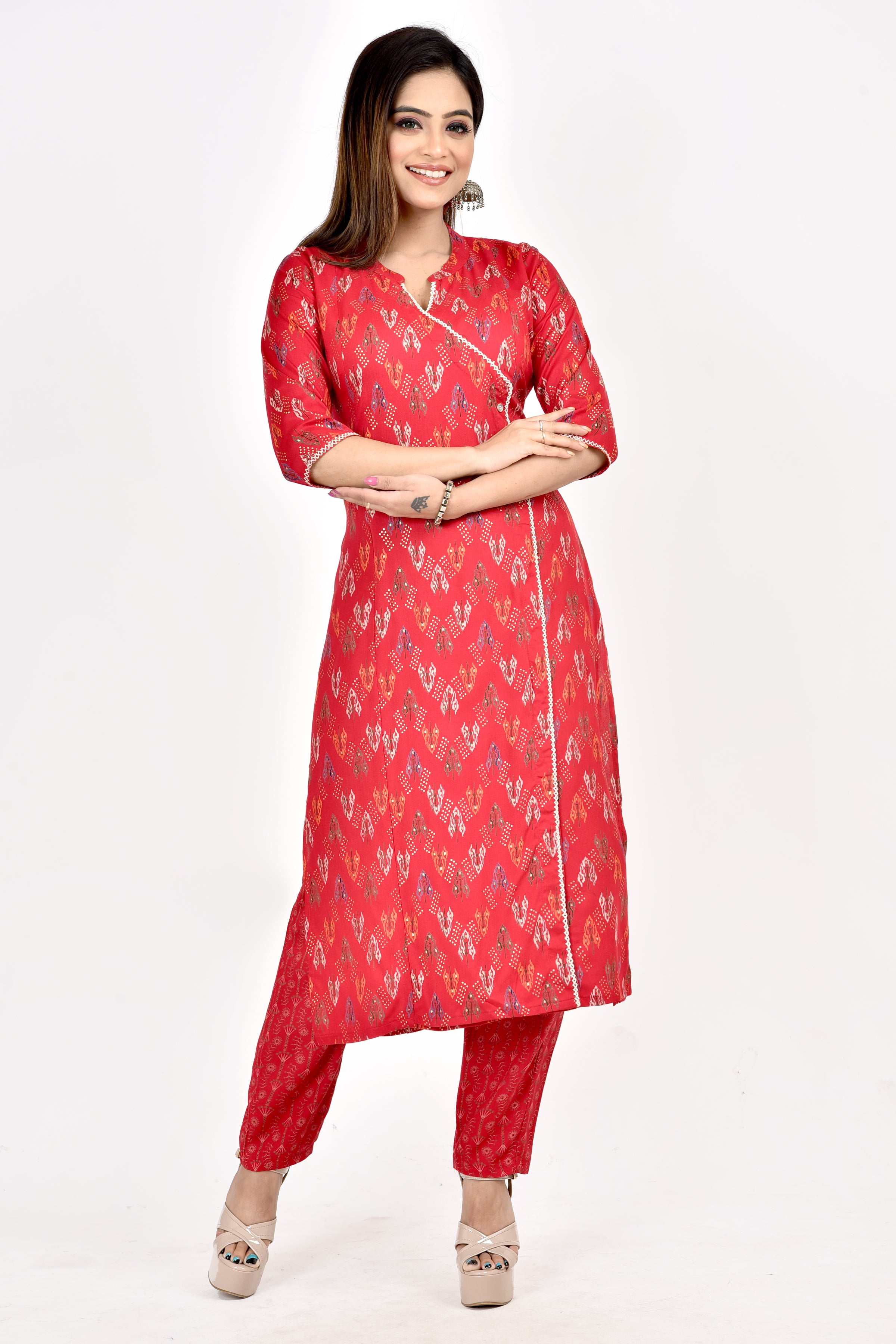 Red Geometric Print Angrakha  Kurta With Pant