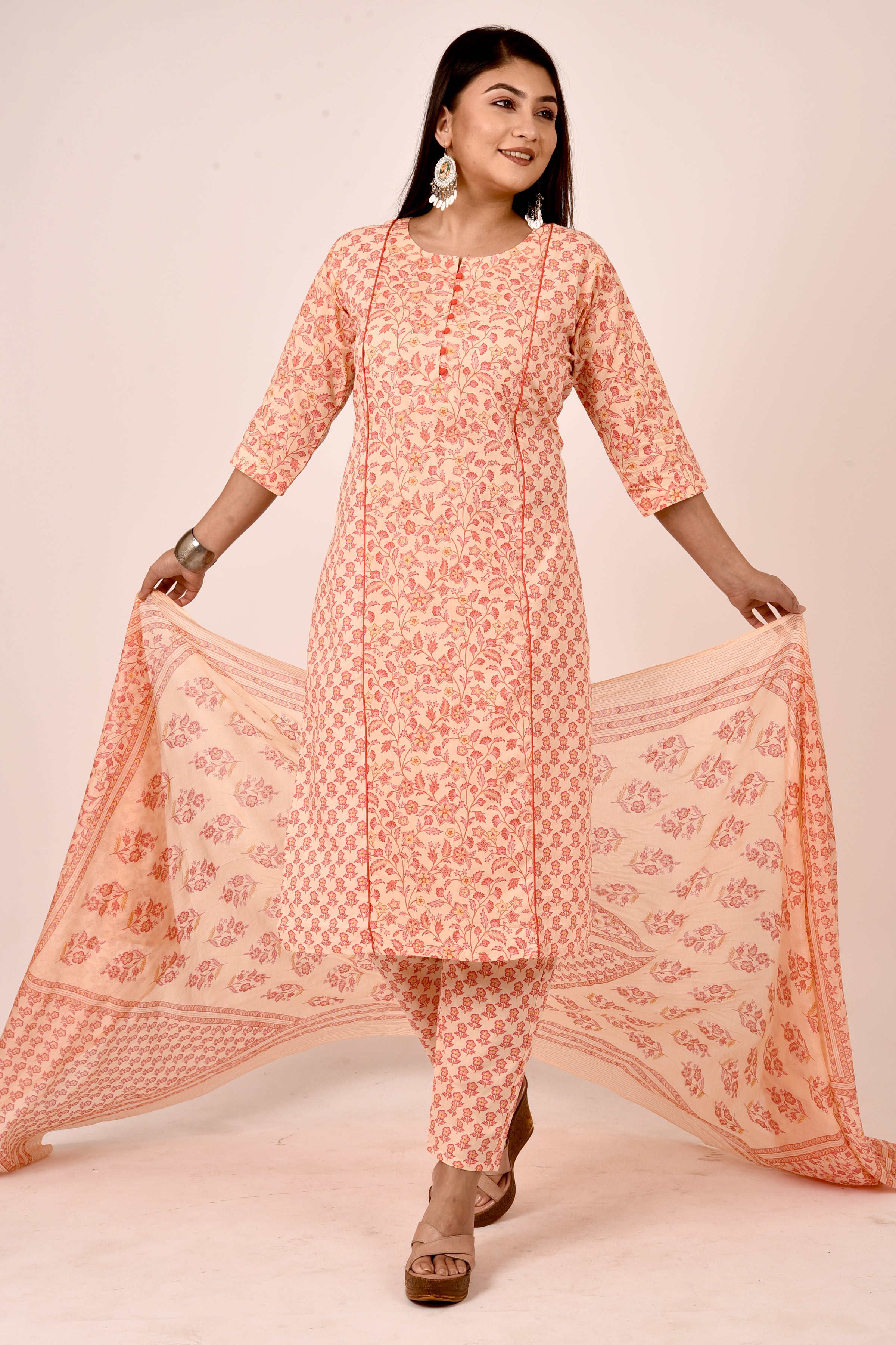 Peach Orange Mix-Match Floral Print Kurta With Pant & Dupatta