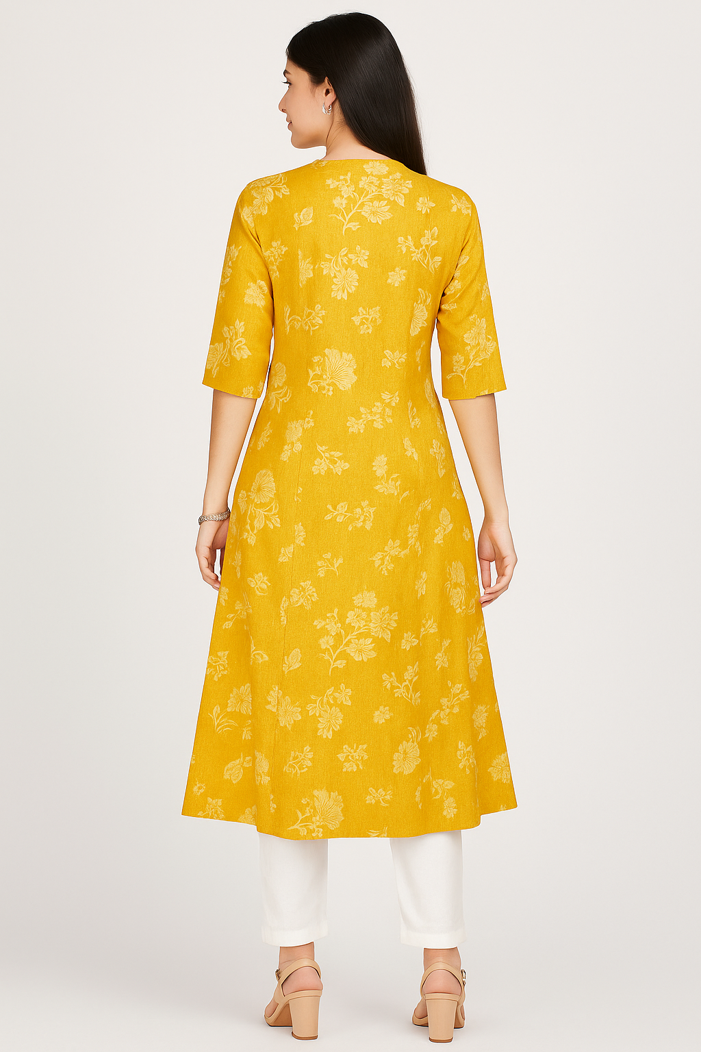 Yellow Floral Print A-Line Kurta