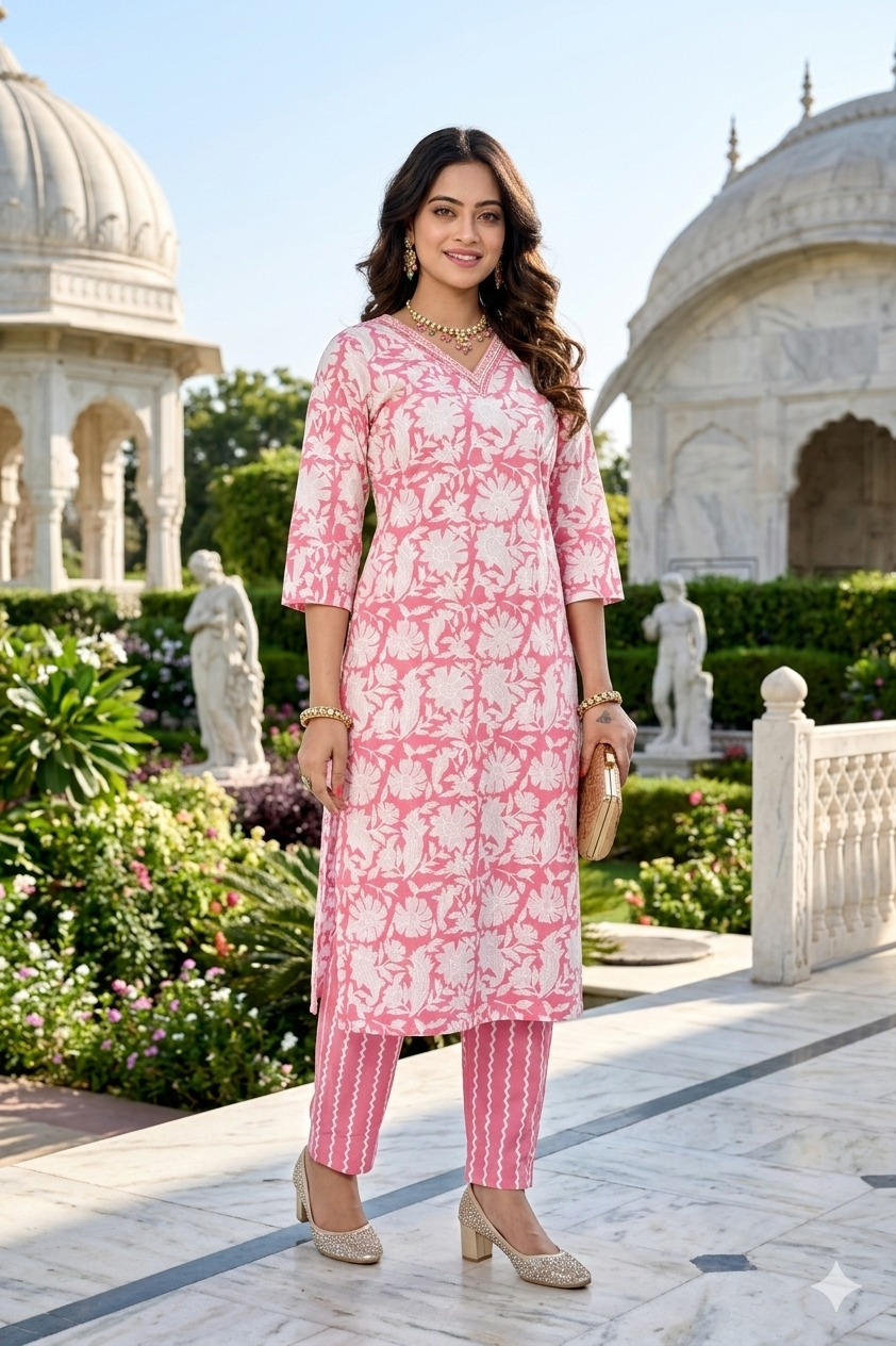 Pink Floral Print Embroidered Kurta With Pant