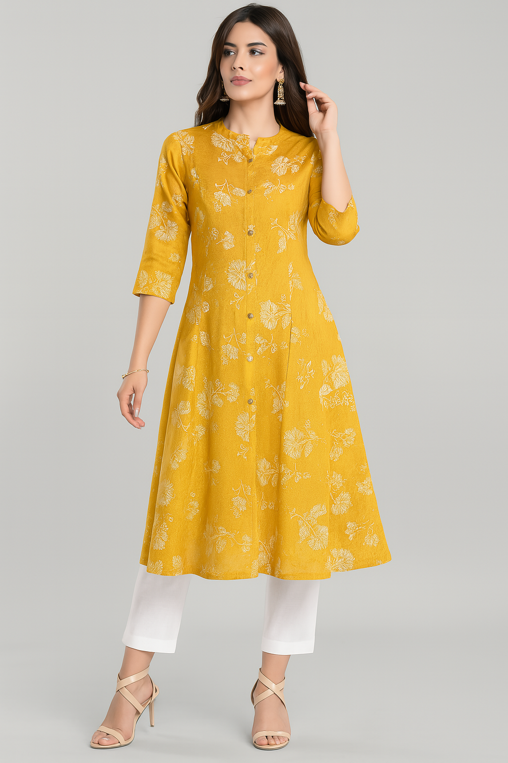 Yellow Floral Print A-Line Kurta