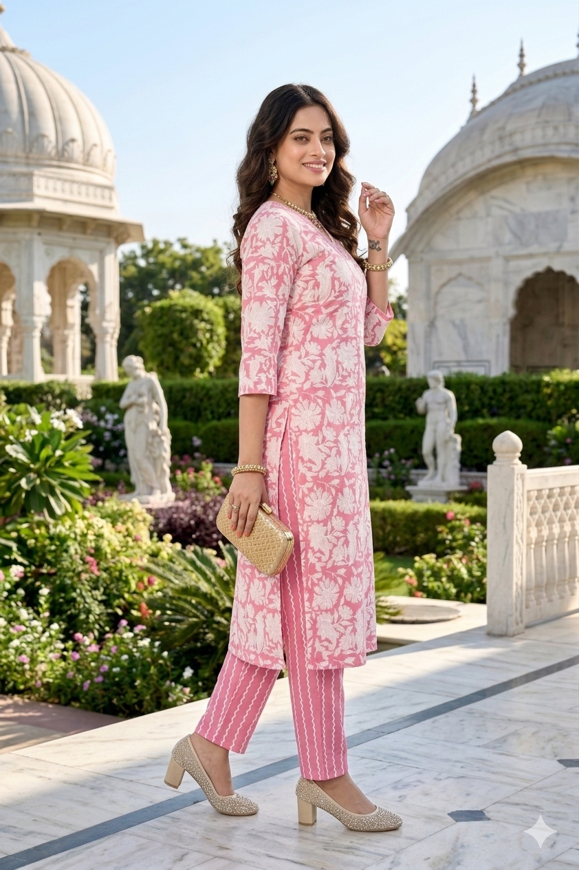 Pink Floral Print Embroidered Kurta With Pant