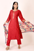 Ruby Red Embroidered Kurta With Pant & Dupatta
