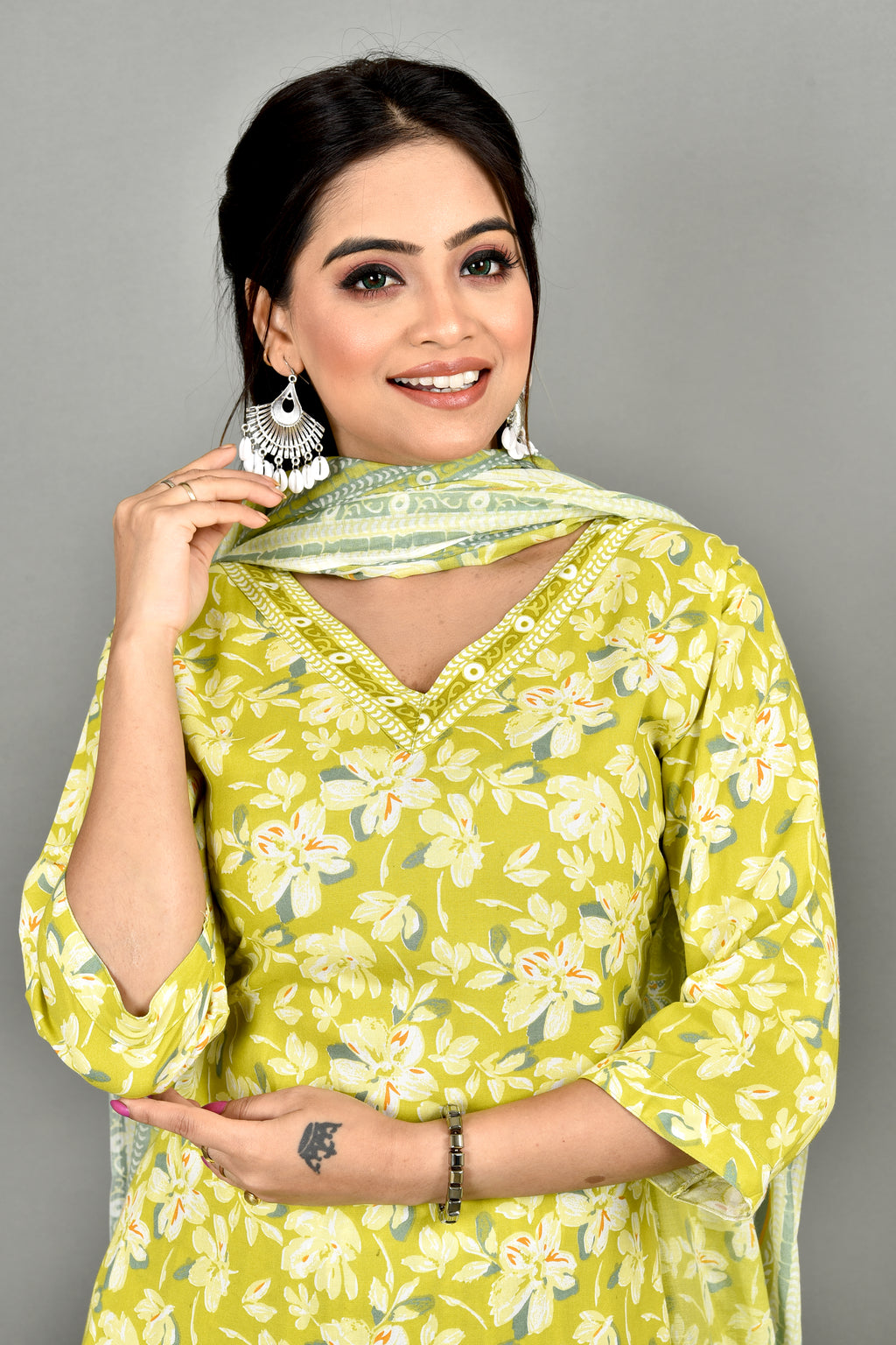 Lime Green Floral Print Kurta With Pant & Dupatta