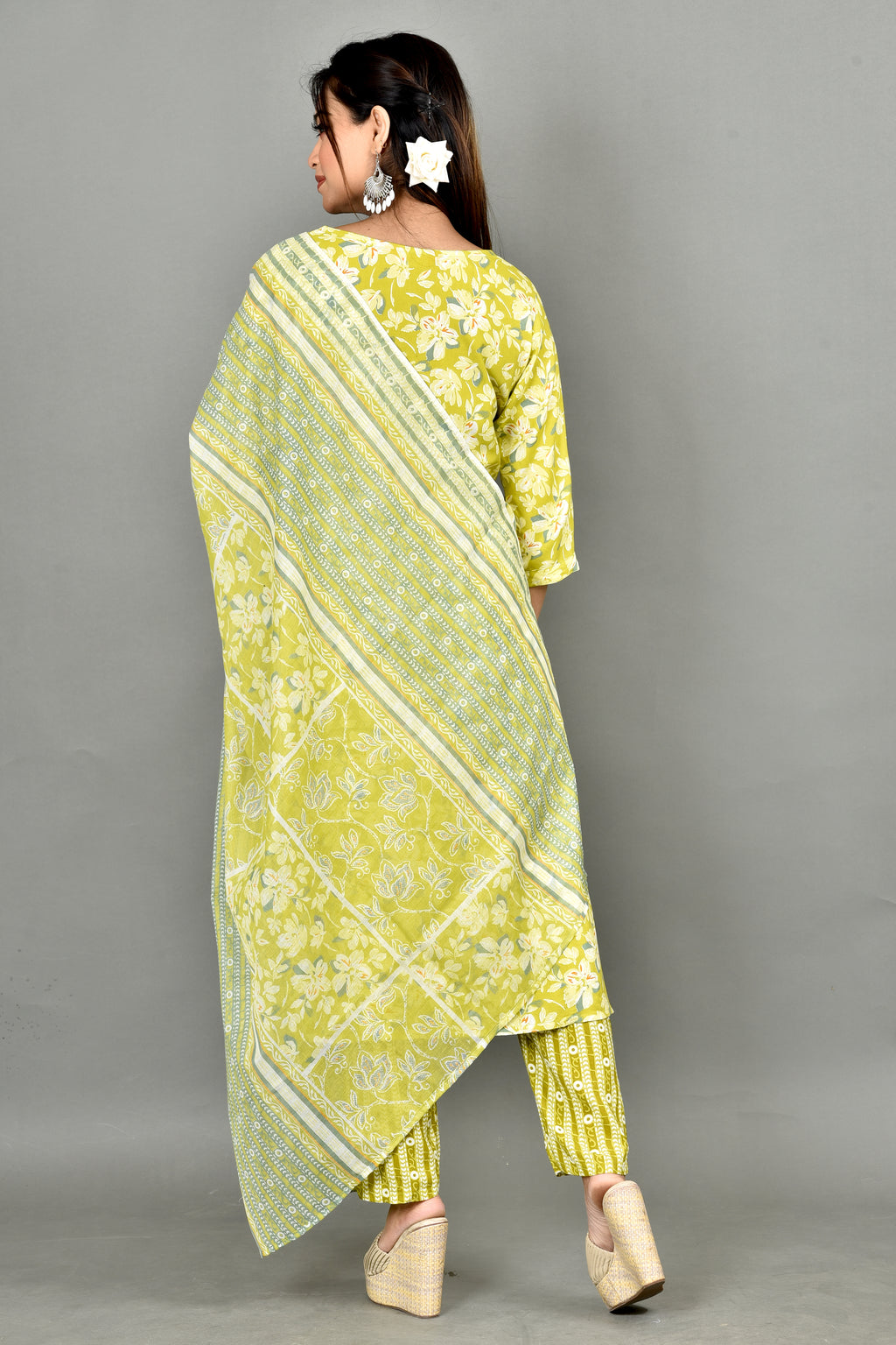 Lime Green Floral Print Kurta With Pant & Dupatta