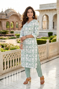 Mint Green Floral Print Embroidered Kurta With Pant