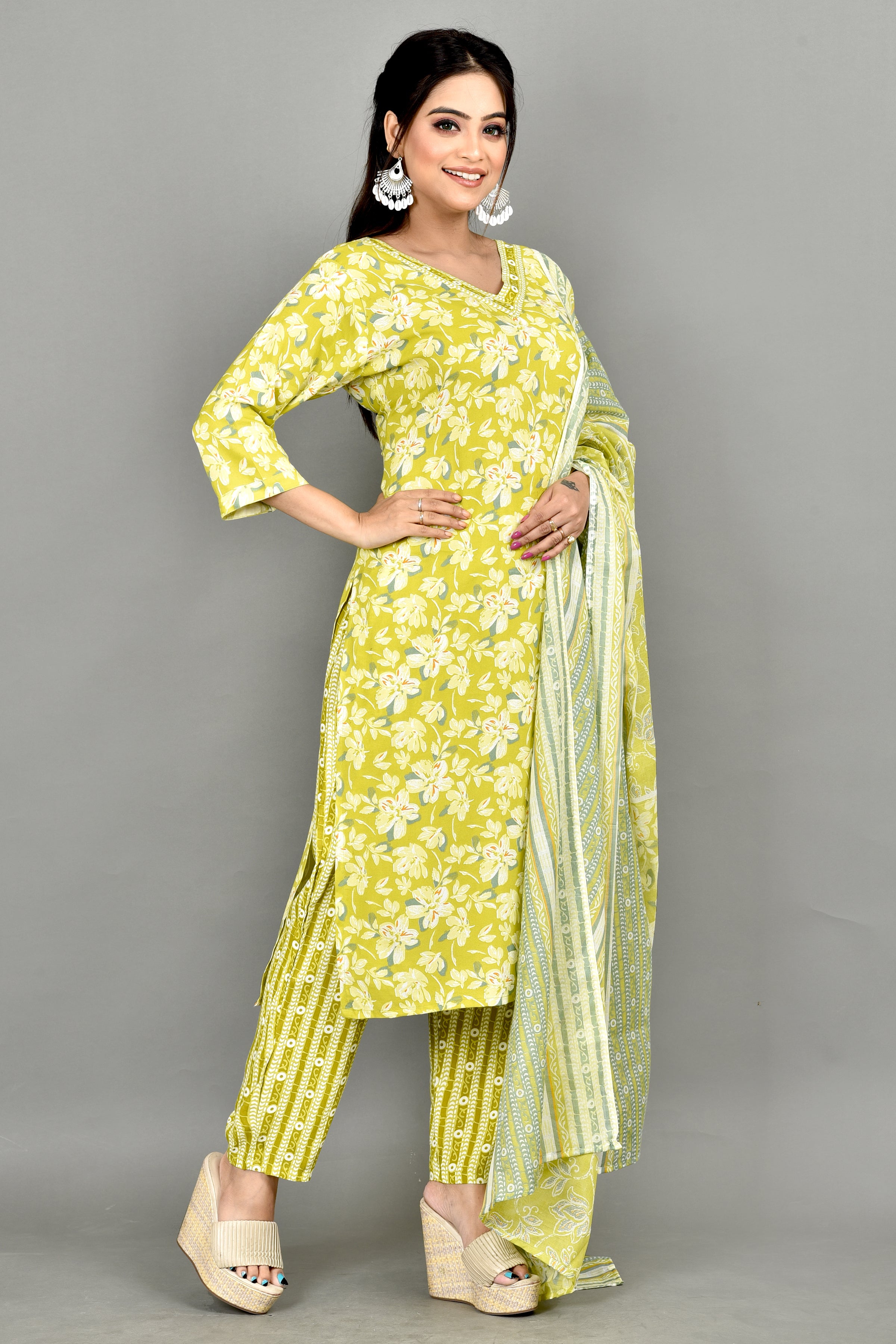 Lime Green Floral Print Kurta With Pant & Dupatta