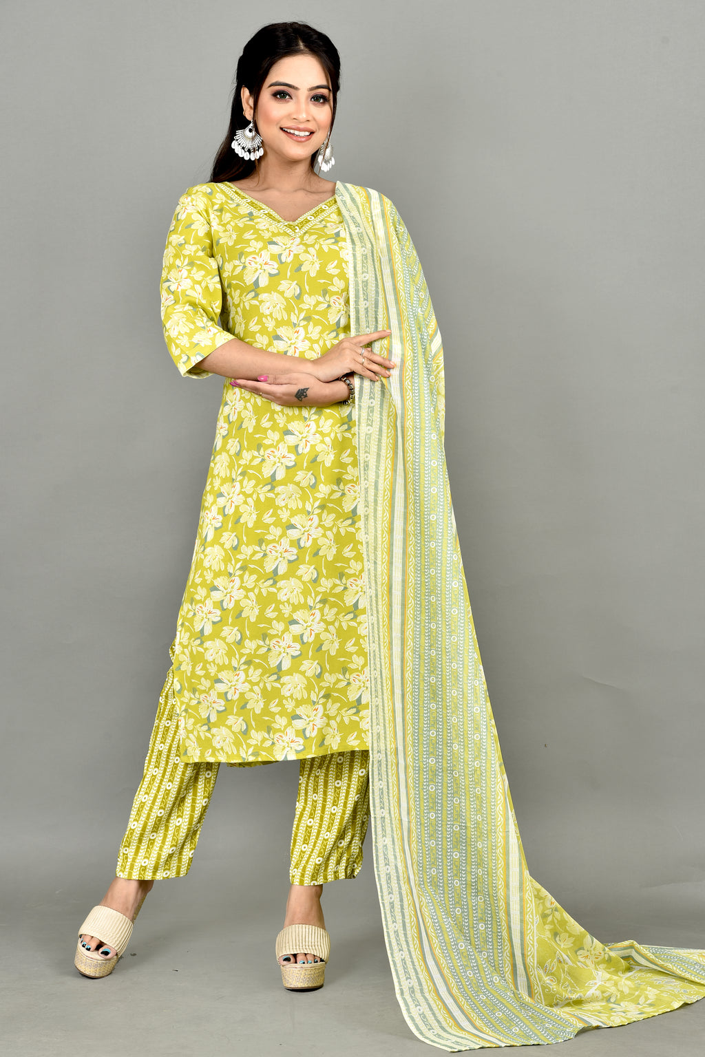 Lime Green Floral Print Kurta With Pant & Dupatta
