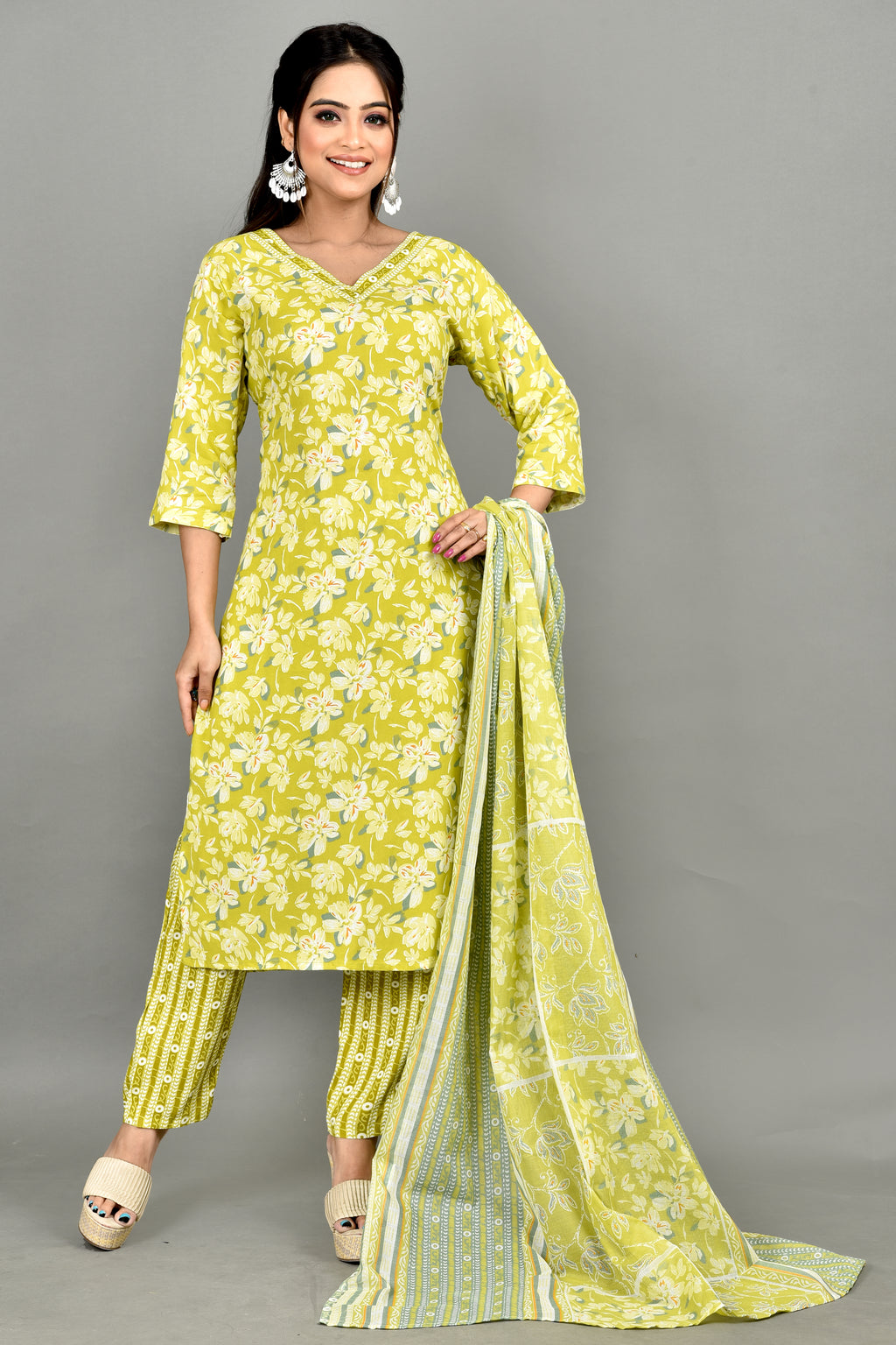 Lime Green Floral Print Kurta With Pant & Dupatta