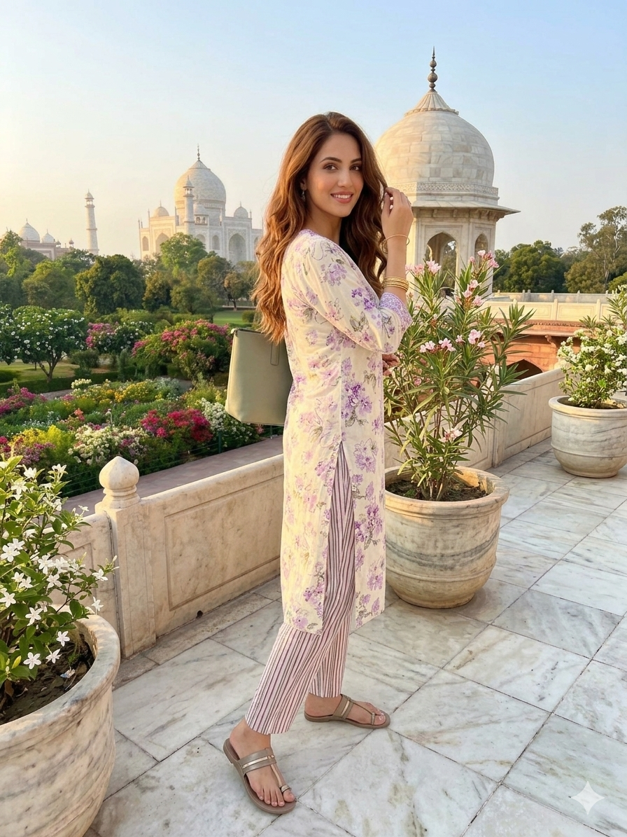 White & Purple Floral Print Embroidered Kurta With Pant