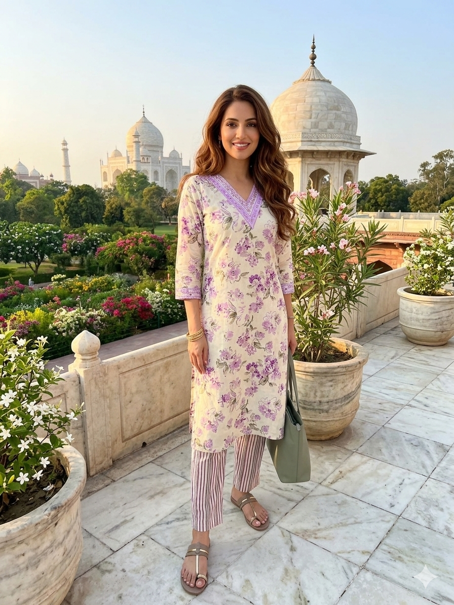 White & Purple Floral Print Embroidered Kurta With Pant