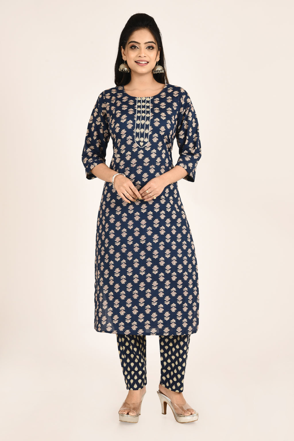 Navy Blue Stylized Lotus Print Kurta With Pant