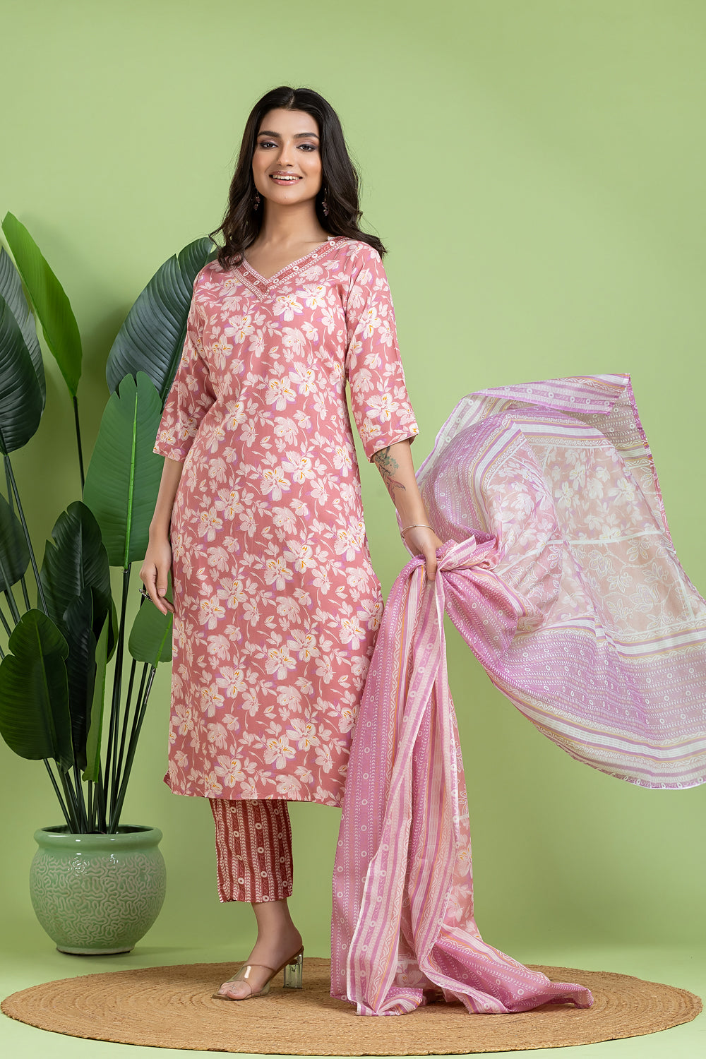 Dusty Pink Kurta With Pant & Dupatta