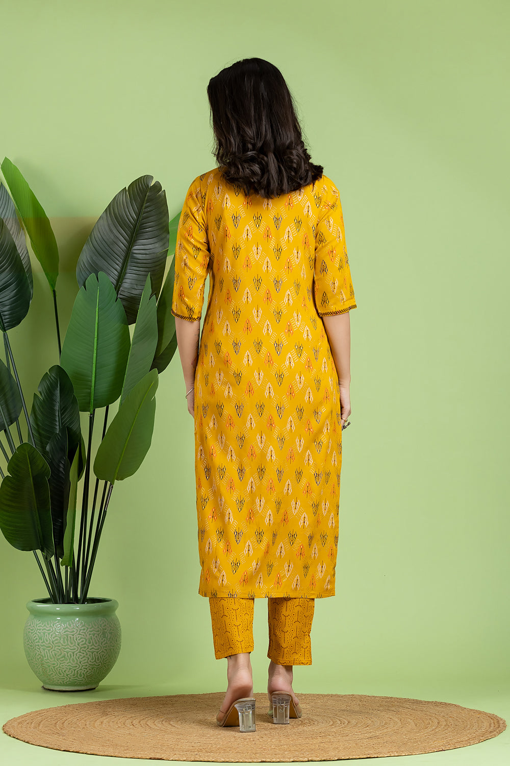 Yellow Geometric Print Angrakha Kurta With Pant
