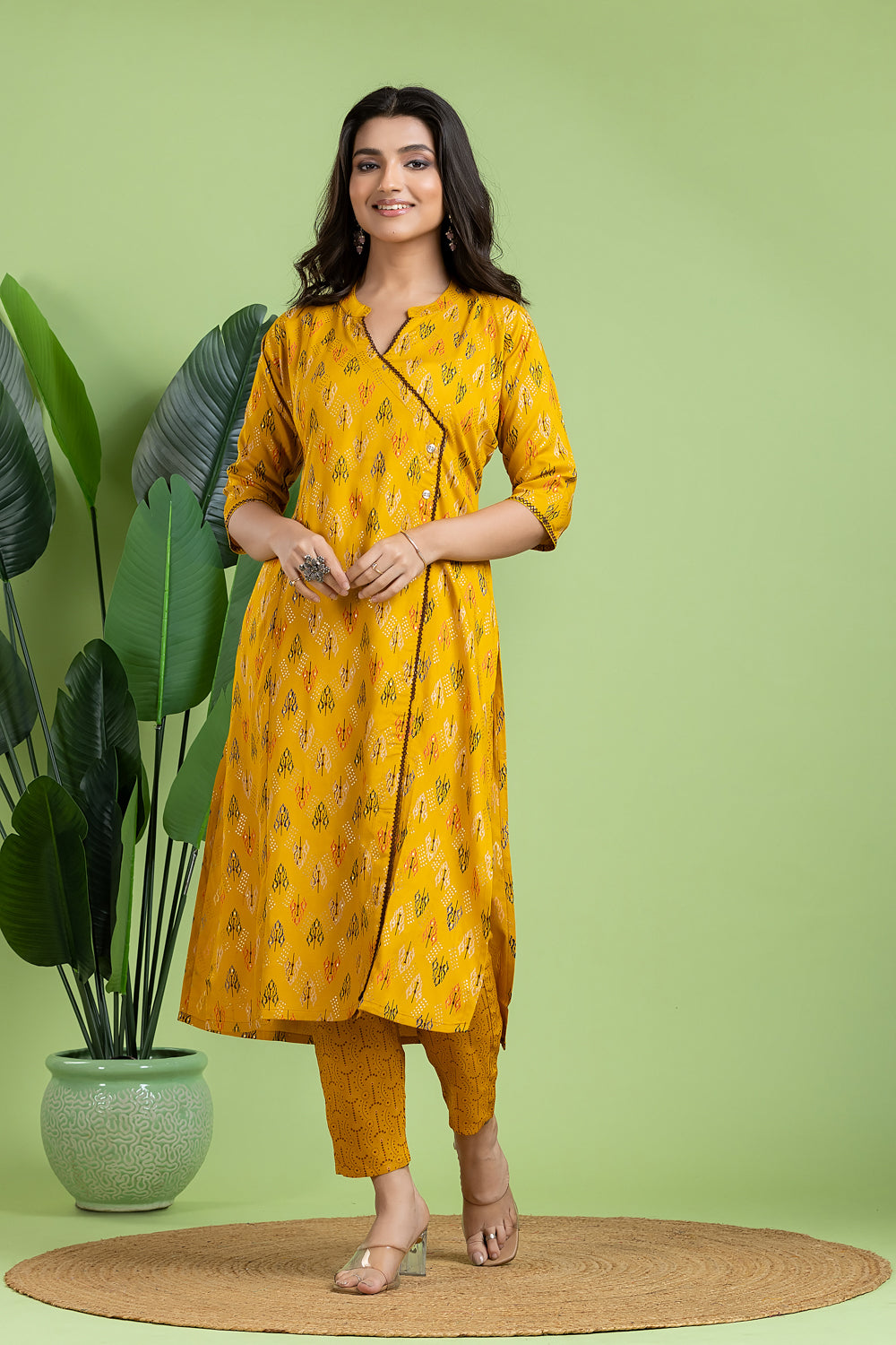 Yellow Geometric Print Angrakha Kurta With Pant