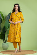 Yellow Geometric Print Angrakha Kurta With Pant