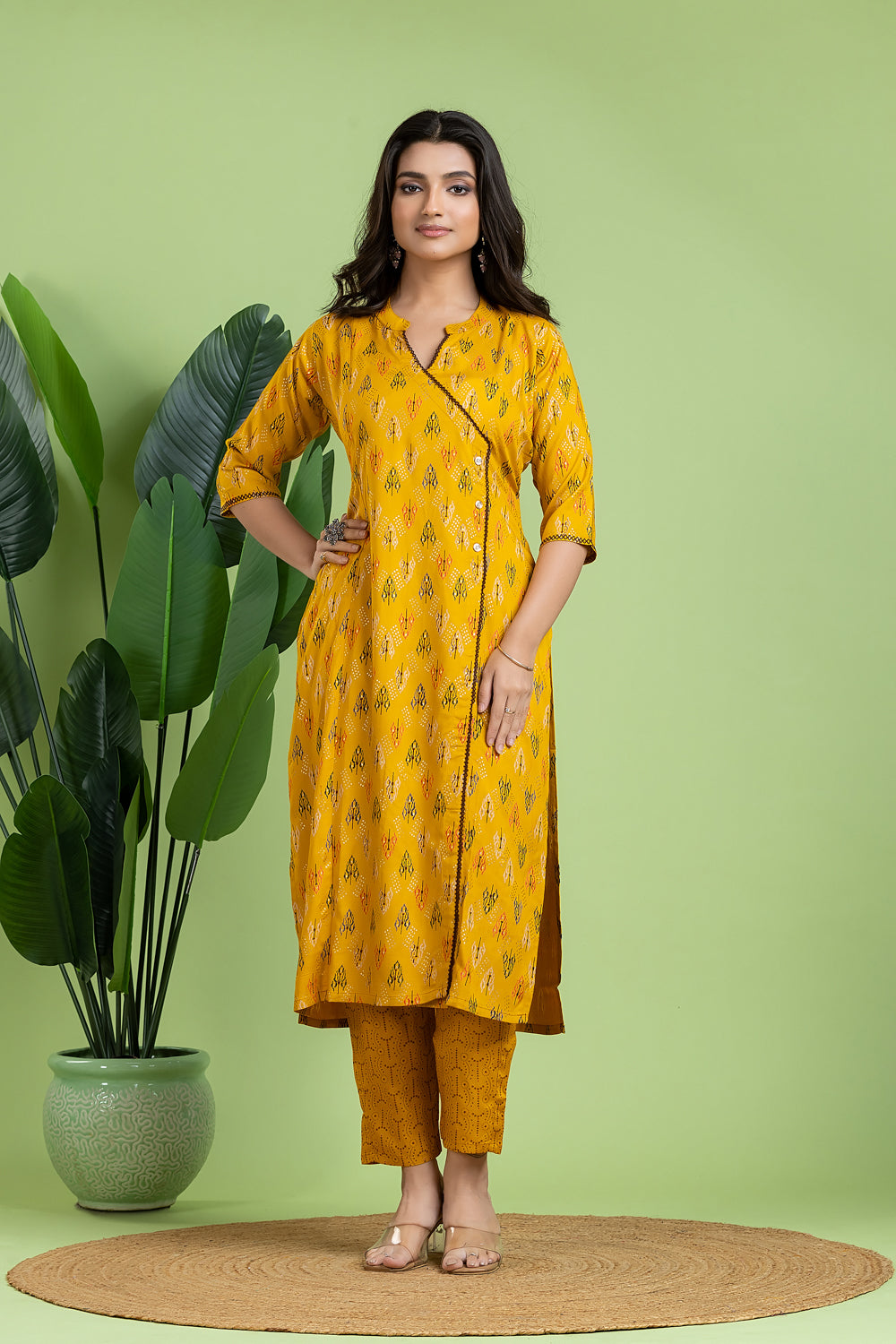 Yellow Geometric Print Angrakha Kurta With Pant