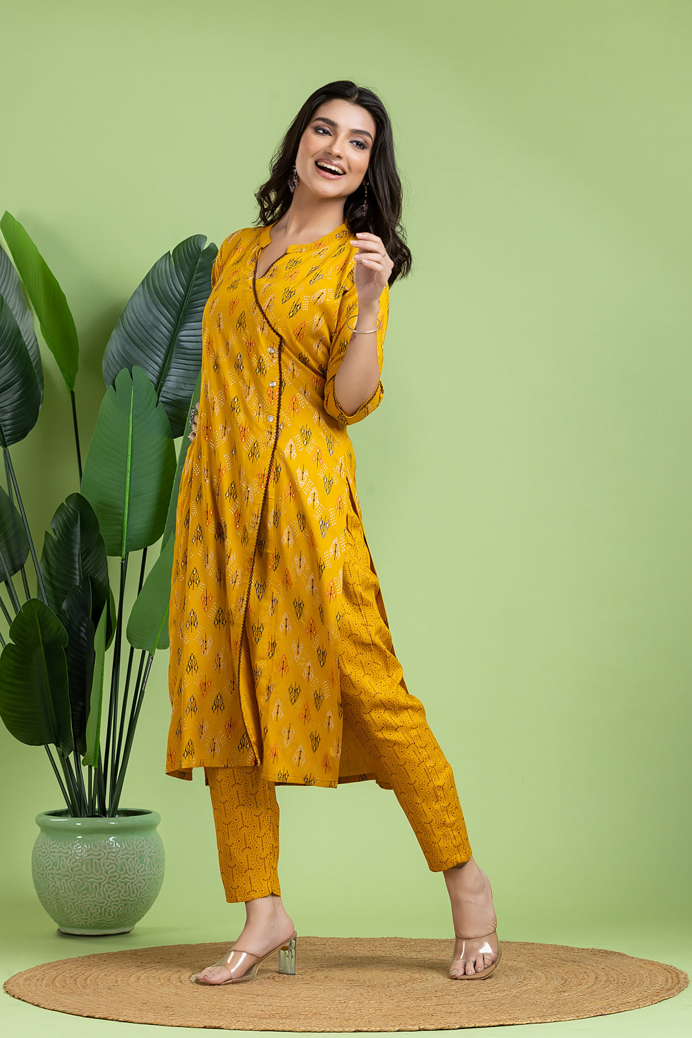 Yellow Geometric Print Angrakha Kurta With Pant