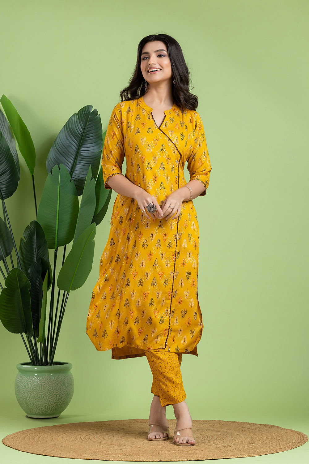 Yellow Geometric Print Angrakha Kurta With Pant