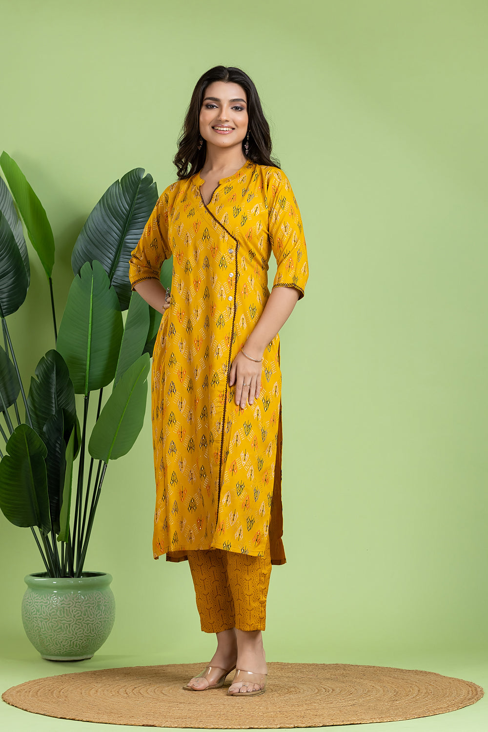 Yellow Geometric Print Angrakha Kurta With Pant