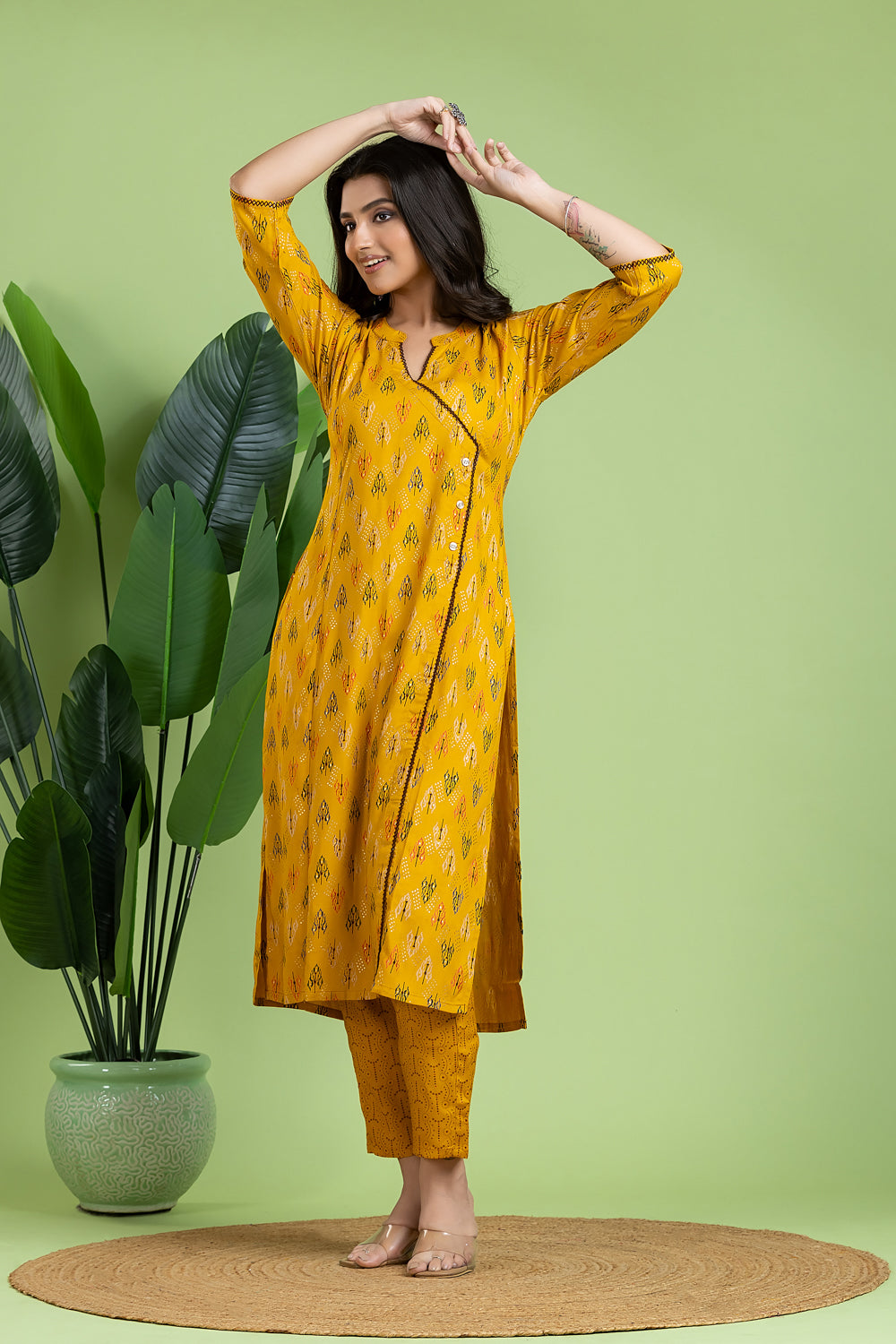 Yellow Geometric Print Angrakha Kurta With Pant