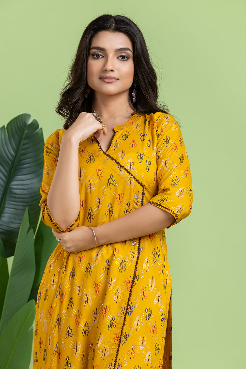 Yellow Geometric Print Angrakha Kurta With Pant